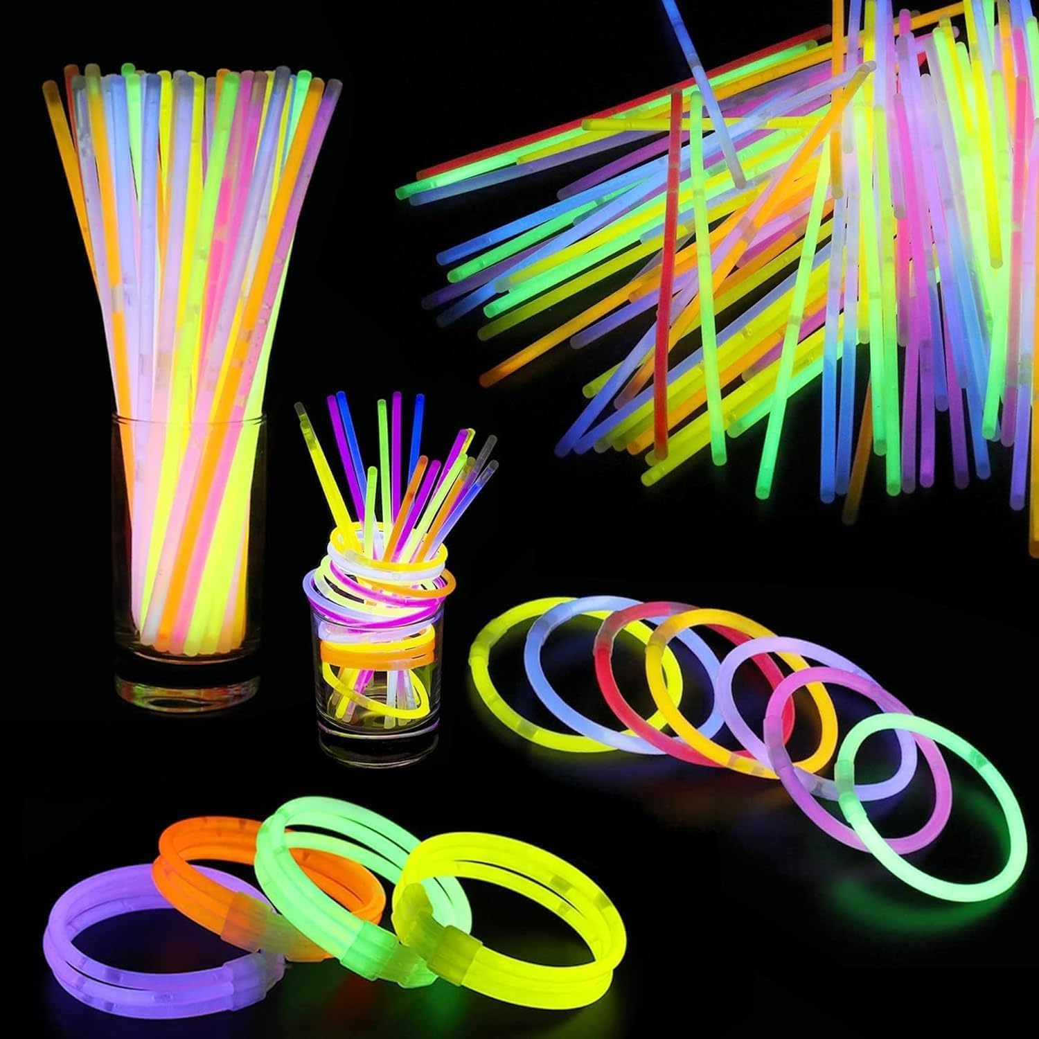 SHATCHI 200Pcs Glow Sticks with Connectors 8" Neon Party Kit for Bracelets, Necklaces, Rings – Halloween, Rave, Birthday, Camping