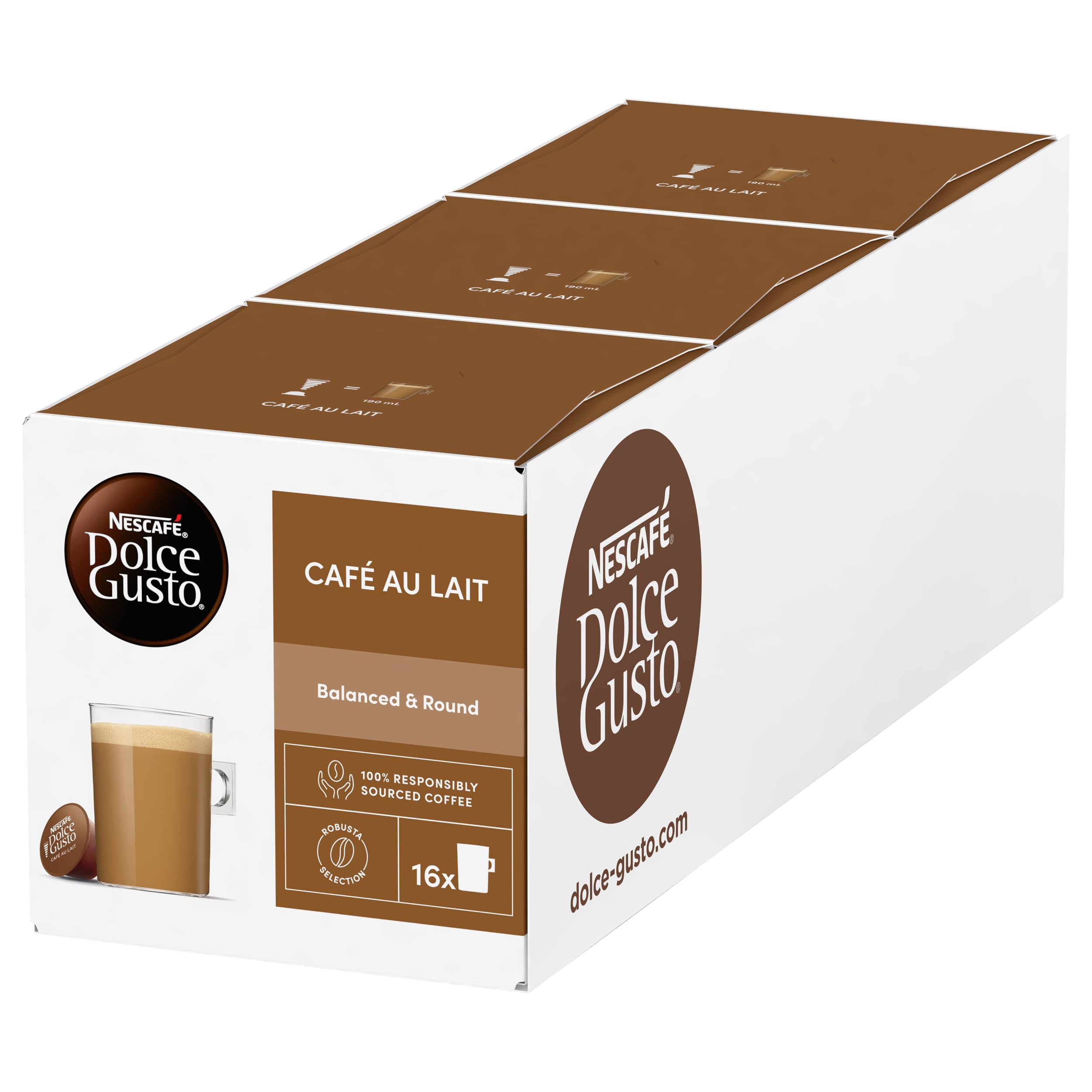 Nescafé Dolce Gusto Café Au Lait Coffee Pods - 48 Servings (3 x 16 Count Boxes)