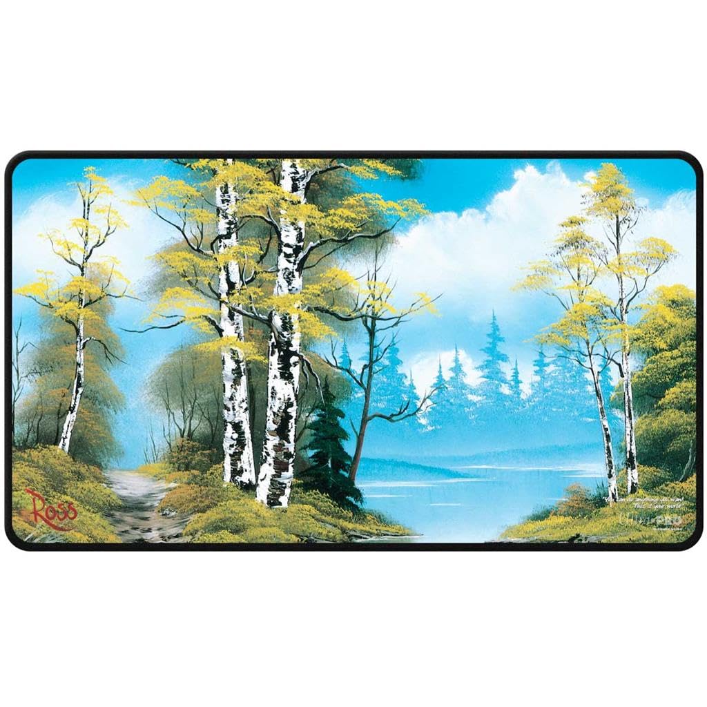 Ultra PRO Bob Ross Lakeside Path Black Stitched Playmat | Non-Slip Rubber Backing | 24' x 13.5'