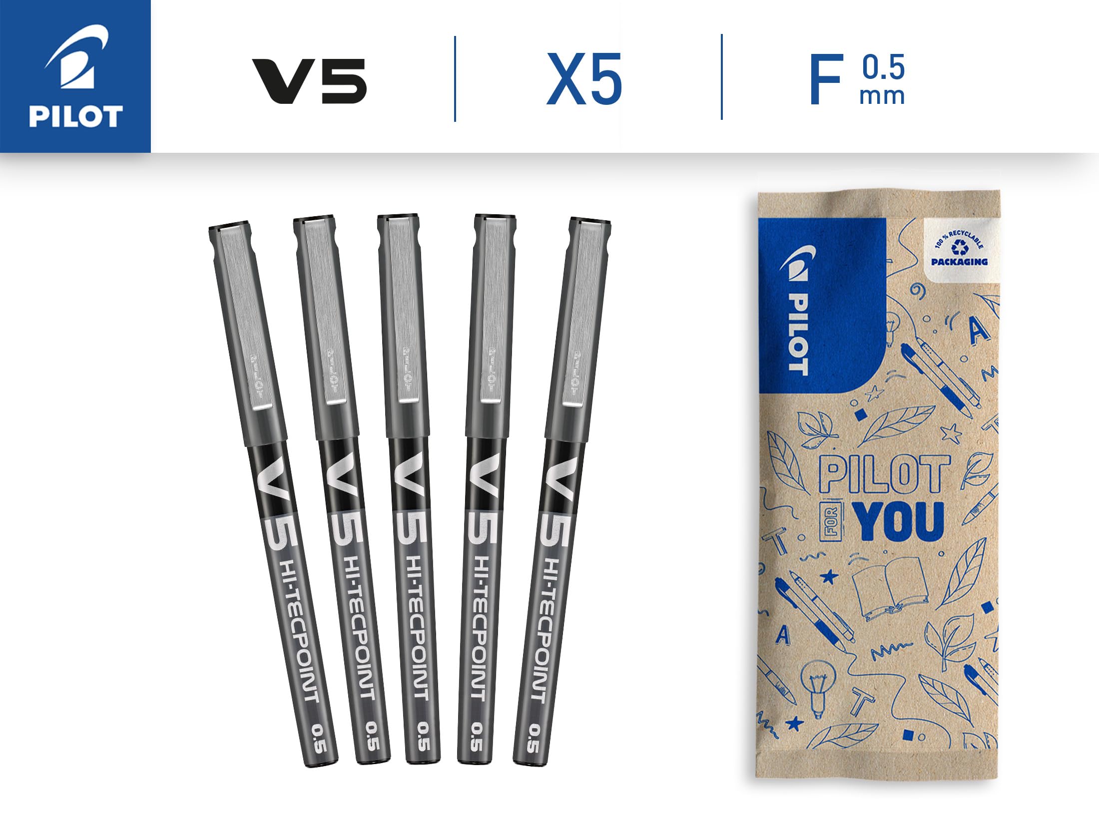 PILOT V5 Hi-Tecpoint Liquid Ink Rollerball Pen - Fine 0.5mm Tip | Pack of 5 Black Pens