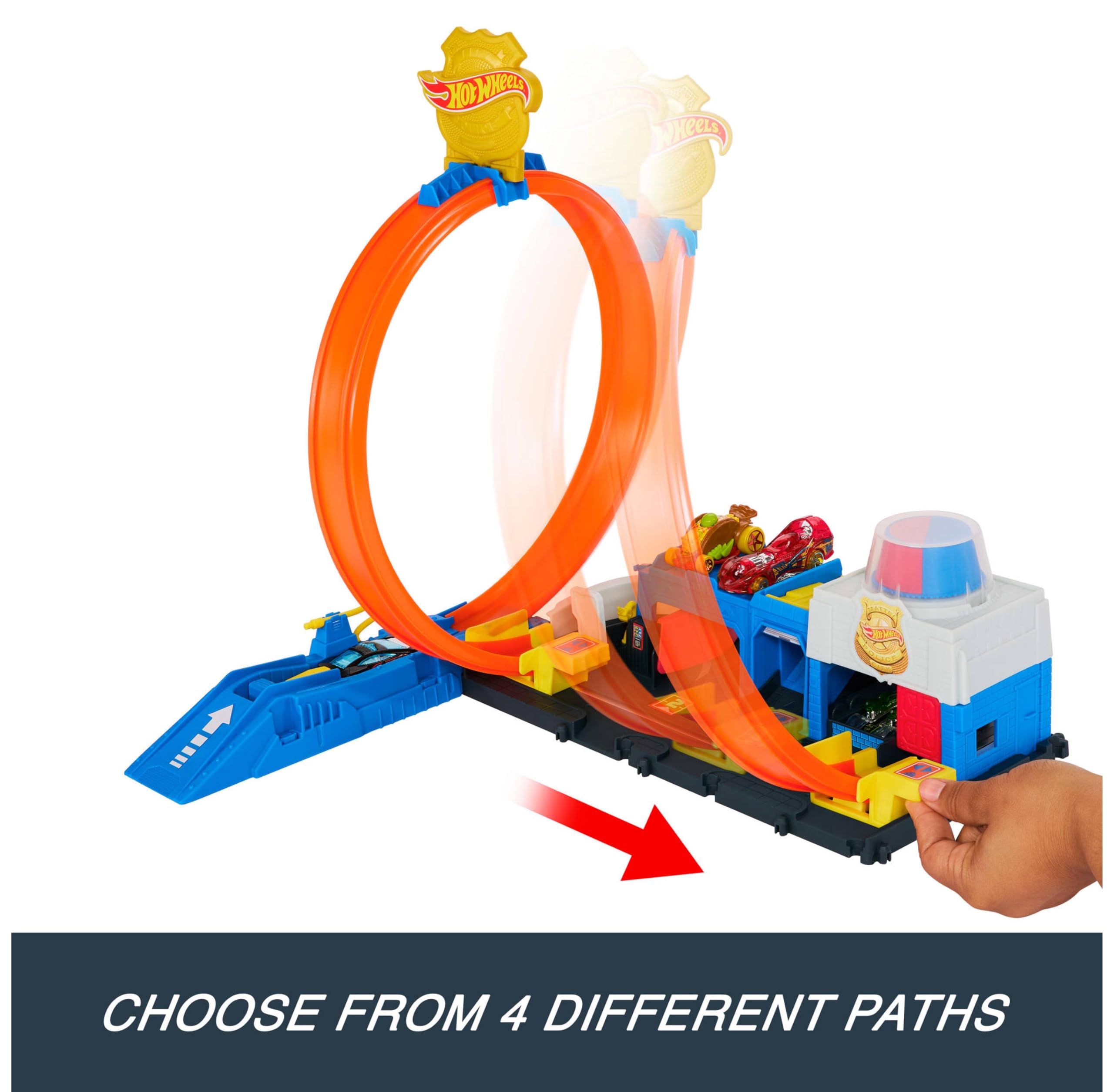 Hot Wheels Super Police Station Playset - 1:64 Scale Track Set with 4-Lane Stunt Racing for Kids 9