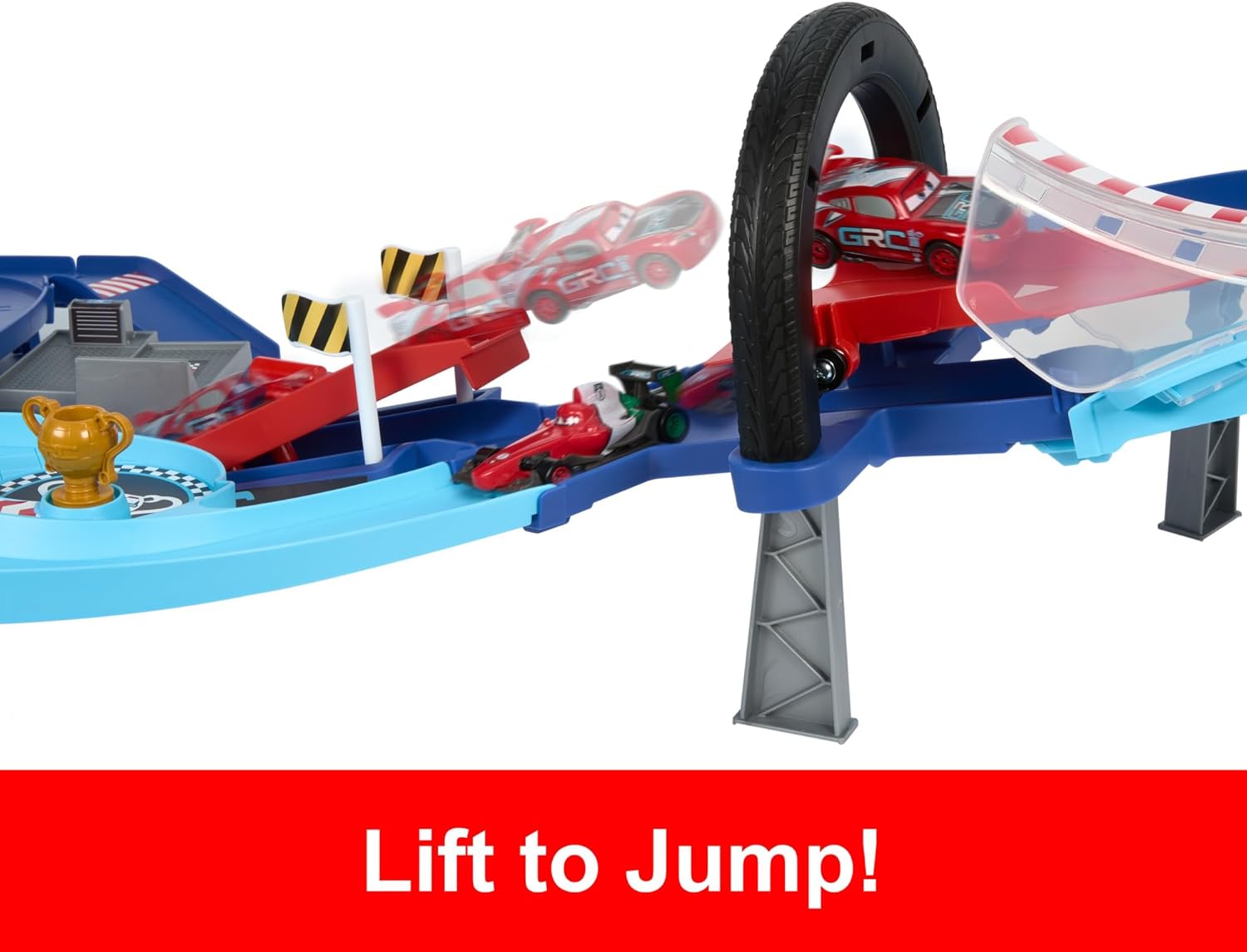 Mattel Disney and Pixar Cars GRC Jumping Raceway Playset with Lightning McQueen & Francesco Bernoulli Toy Cars - Ages 4-8