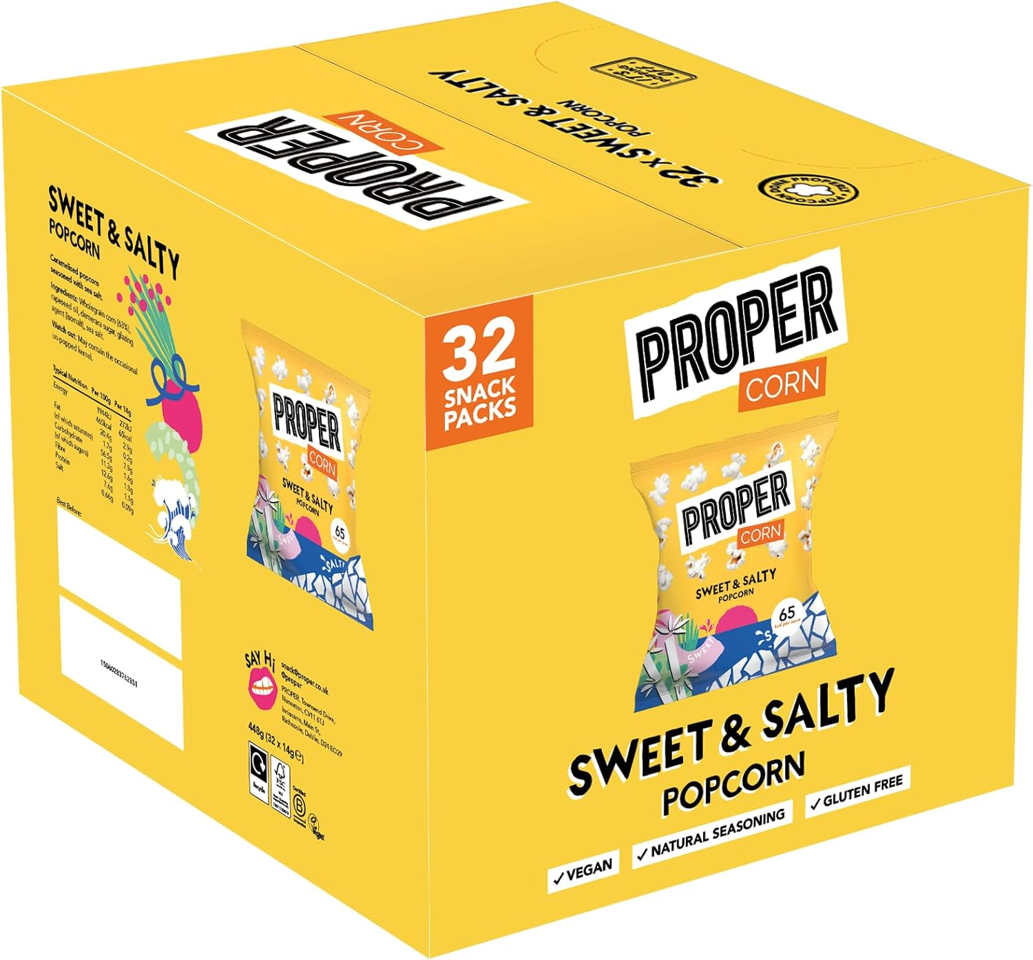 PROPERCORN Süßes und salziges Popcorn – mit natürlichem Meersalz und Demerara-Zucker gewürzter Snack, 32 Packungen à 14 g