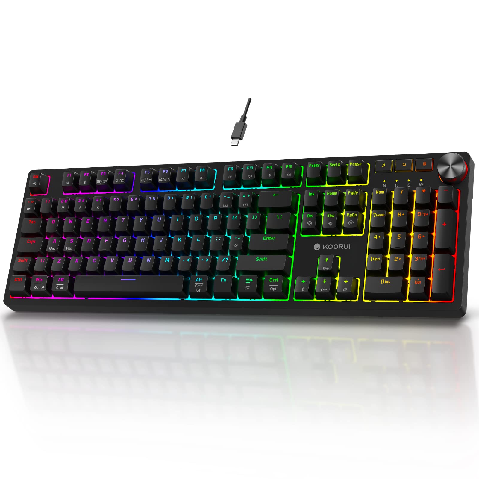 KOORUI MK104-BROWN Mechanische Gaming-Tastatur – 104 Tasten, 26 RGB-Hintergrundbeleuchtungseffekte, steckbare braune Schalter, Anti-Ghosting, kabelgebunden für PC und Mac