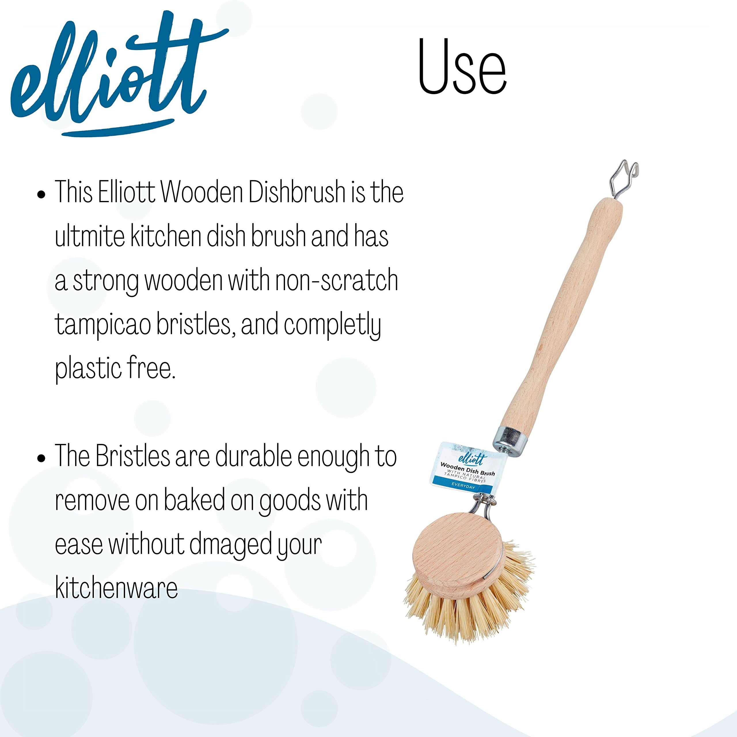 Elliott Wooden Dish Brush with Natural Tampico Fibres - Long Handle, Replaceable Head 3