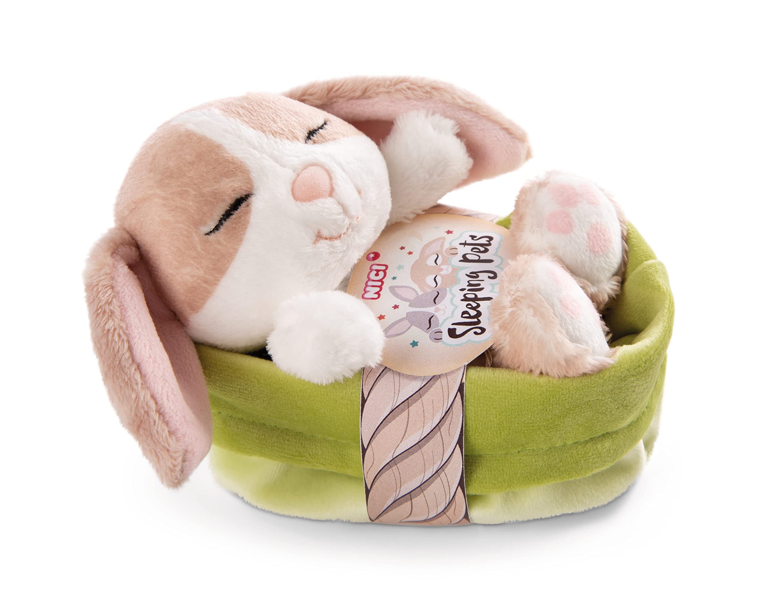 NICI Sleeping Pets Bunny Cappuccino in Green Basket - Plush Stuffed Animal 12cm