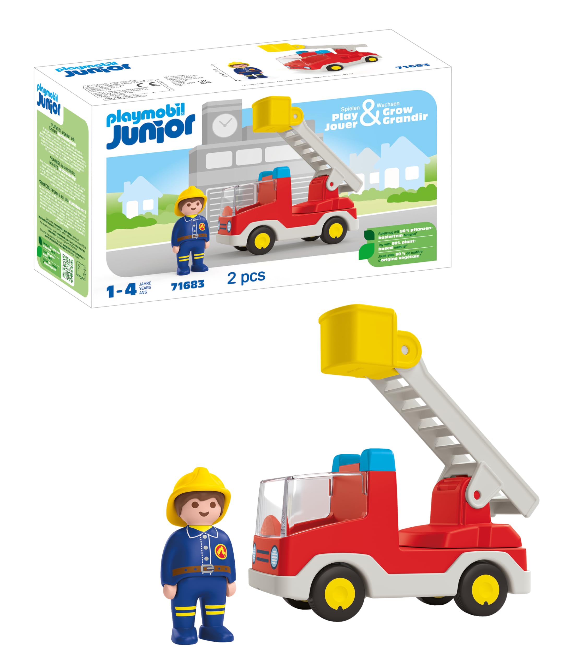 PLAYMOBIL 71683 JUNIOR Ladder Unit Fire Truck - 360° Swiveling Ladder Rescue Vehicle for Toddlers