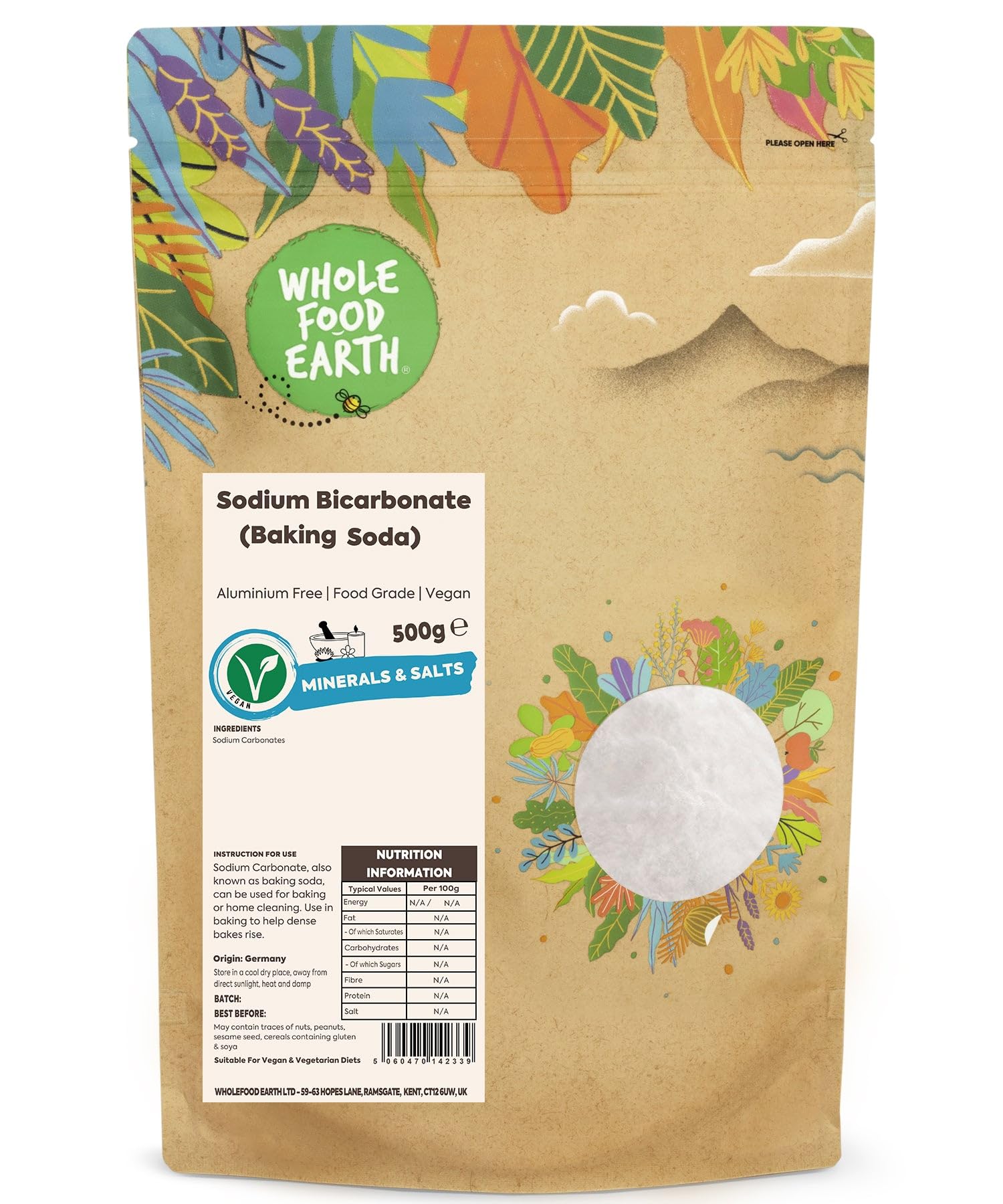 Wholefood Earth Sodium Bicarbonate Baking Soda - Versatile Leavening Agent & Cleaner | 500g Powder