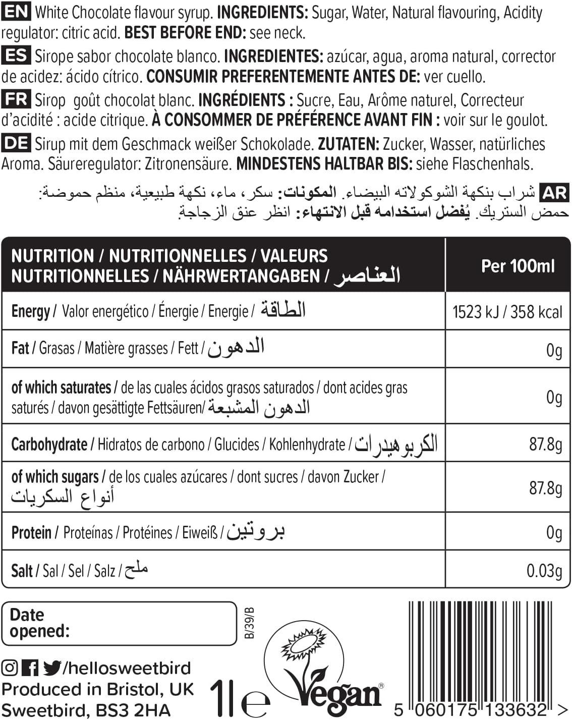 Sweetbird Weißer Schokoladensirup (1 Liter) – Veganer Getränkesirup 6