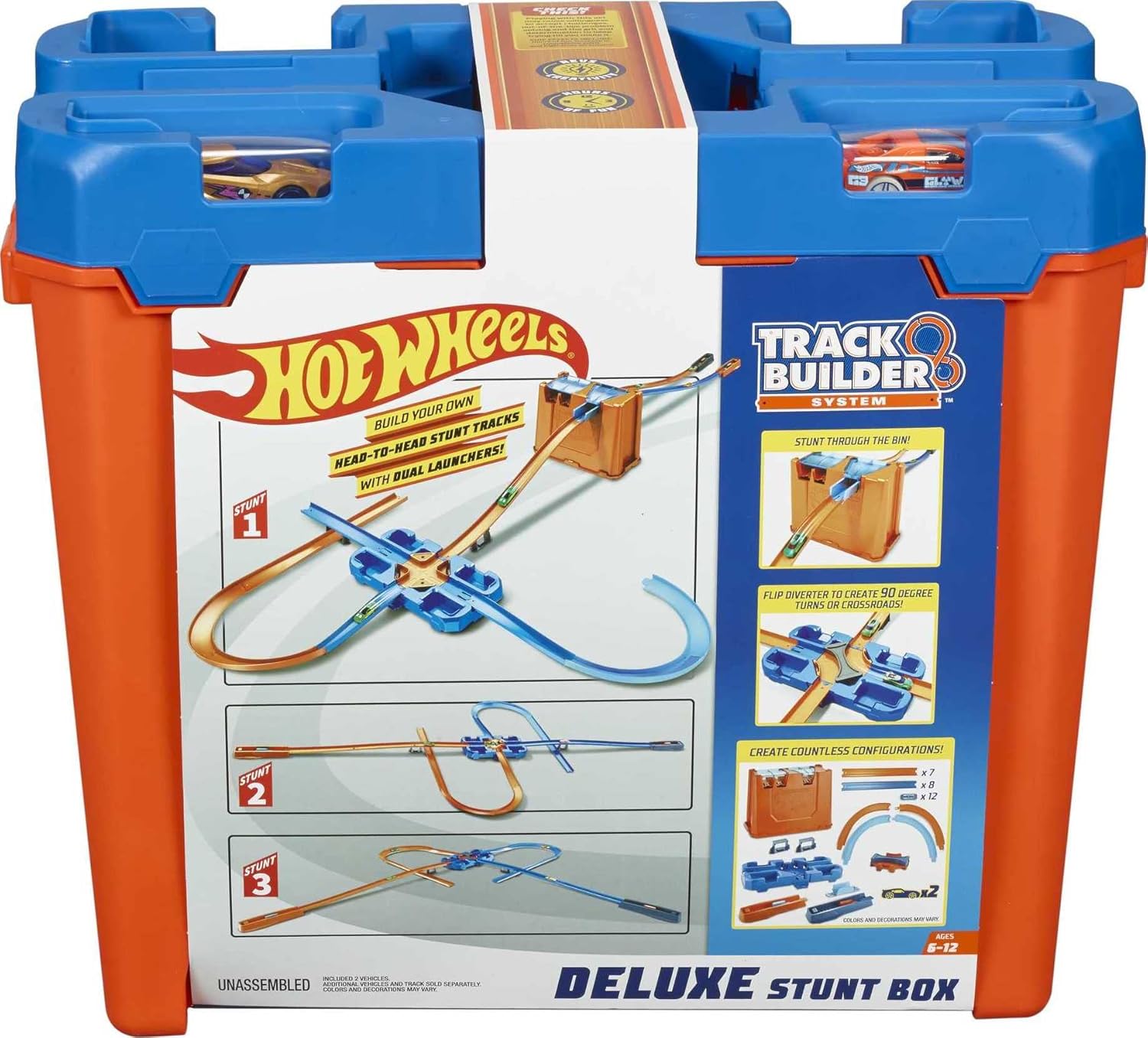 Hot Wheels GGP93 Deluxe Stunt Box - 36-Piece Track Set with Crash Zone & 2 Cars, Ages 6+
