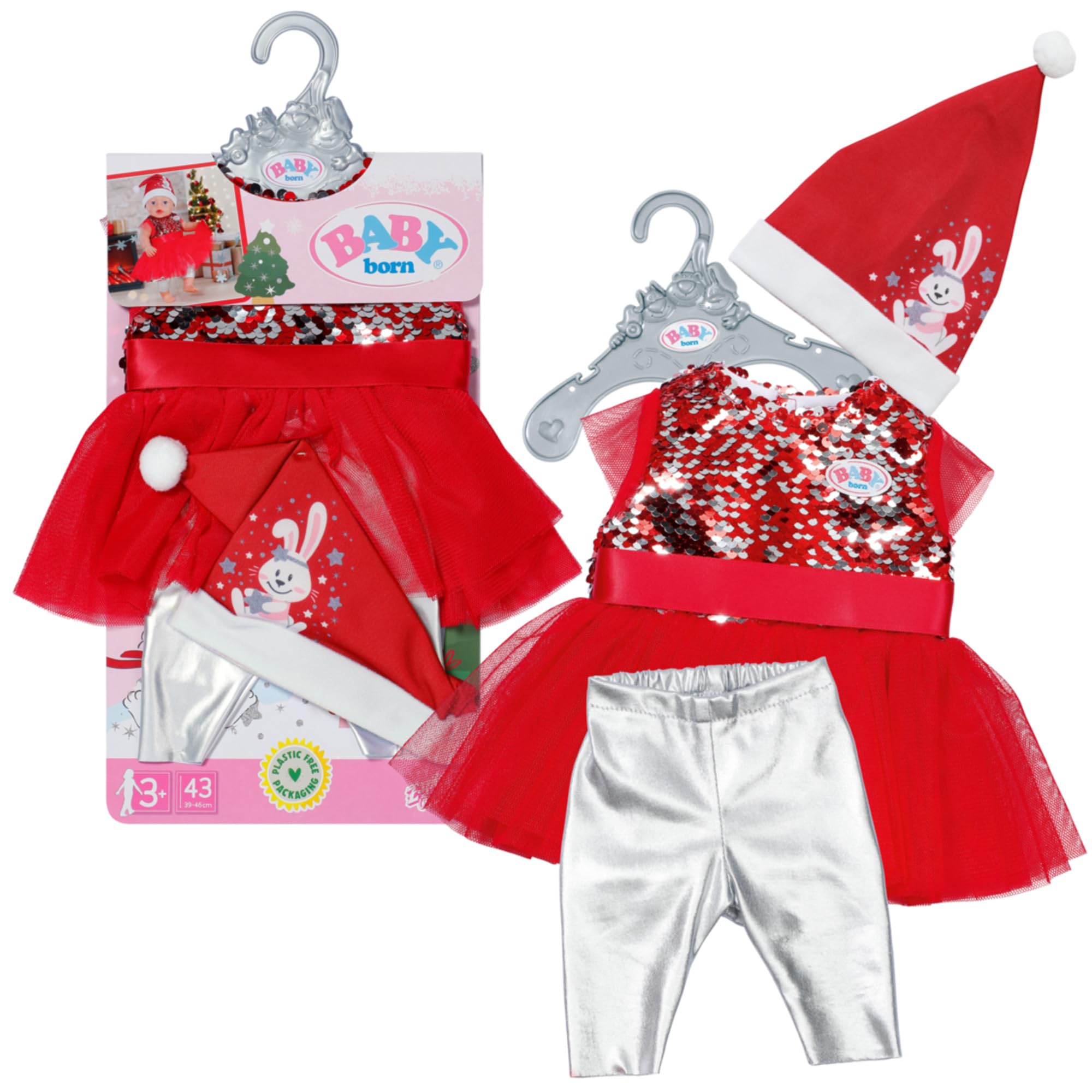 BABY born Christmas Dress - Festive Outfit with Sequins, Leggings & Hat for 43cm Dolls