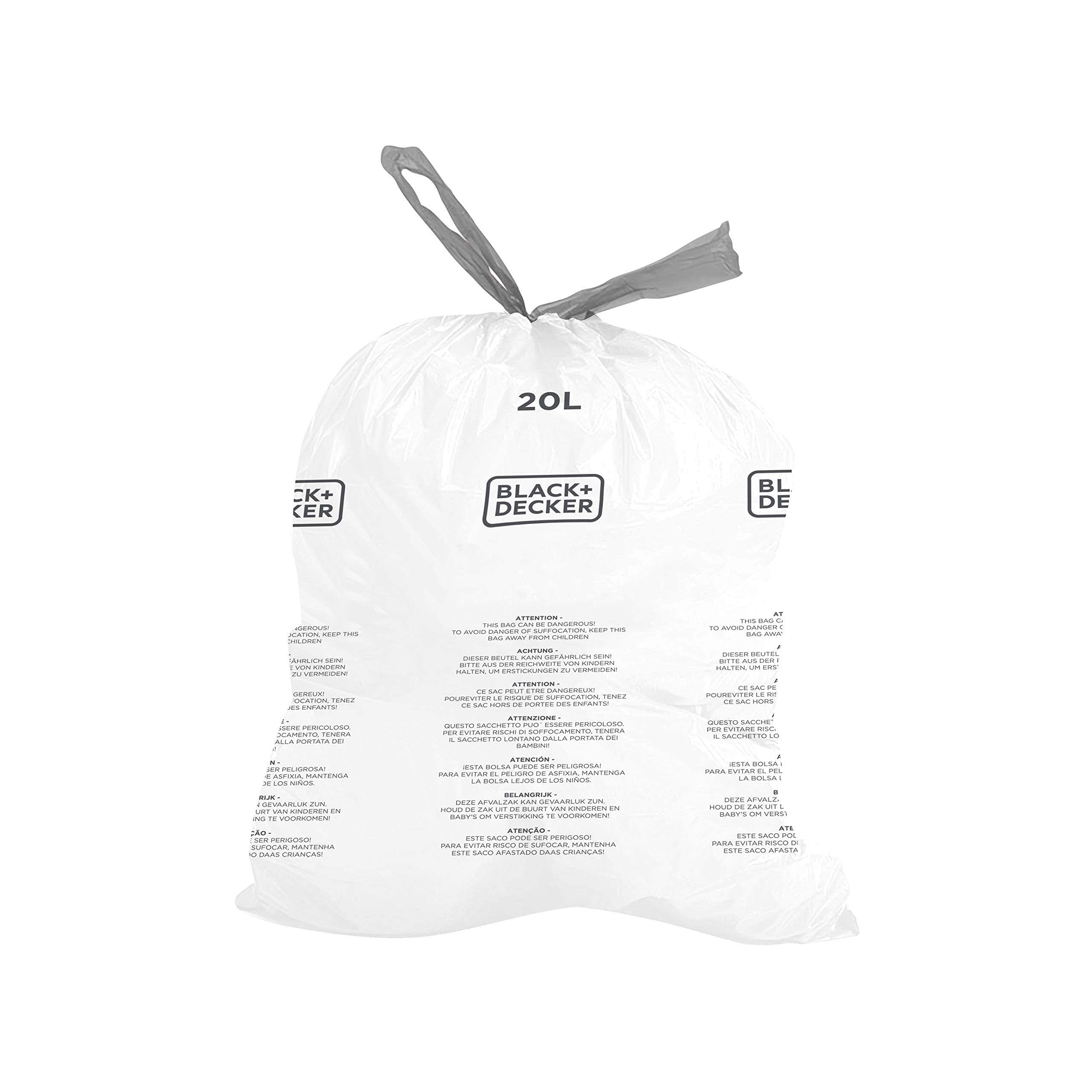 BLACK+DECKER 20L Drawstring Bin Liners - 20 Pack, White | Strong & Durable Plastic Bags
