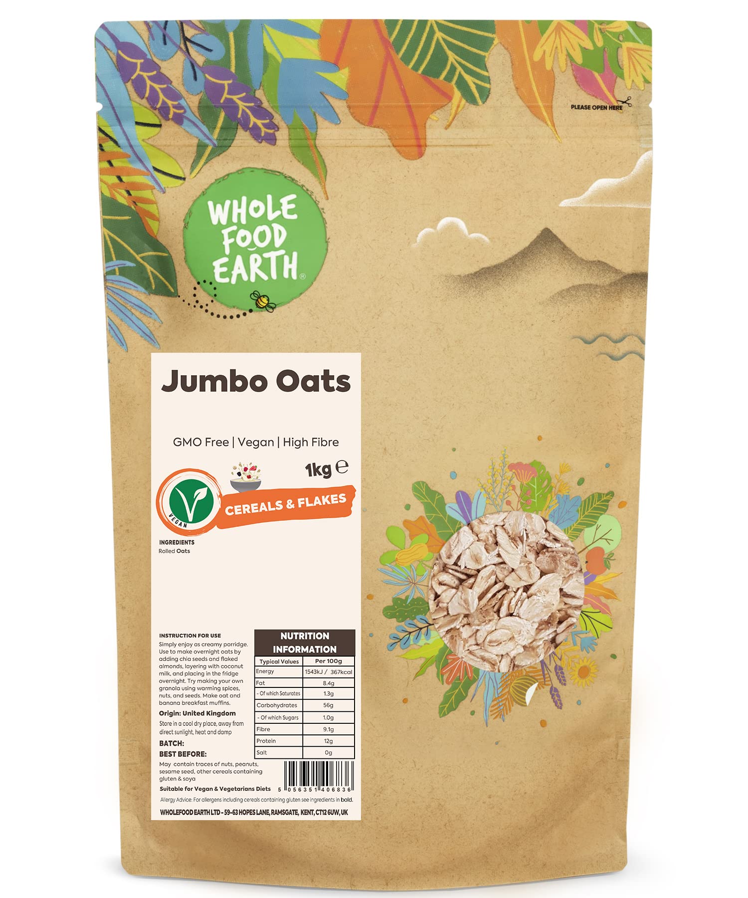 Wholefood Earth Jumbo Oats 1 kg | GMO Free | High Fibre | Vegan & Dairy Free
