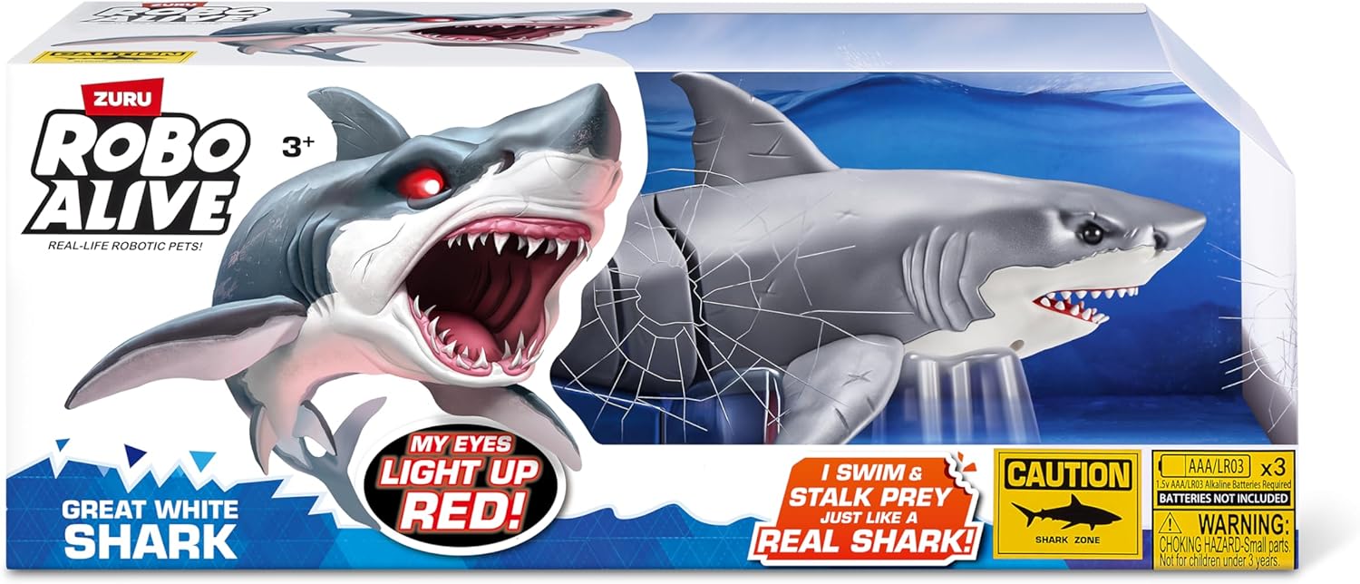 Robo Alive Great White Shark Series 1 by ZURU - Water-Activated Robotic Shark with Light-Up Eyes