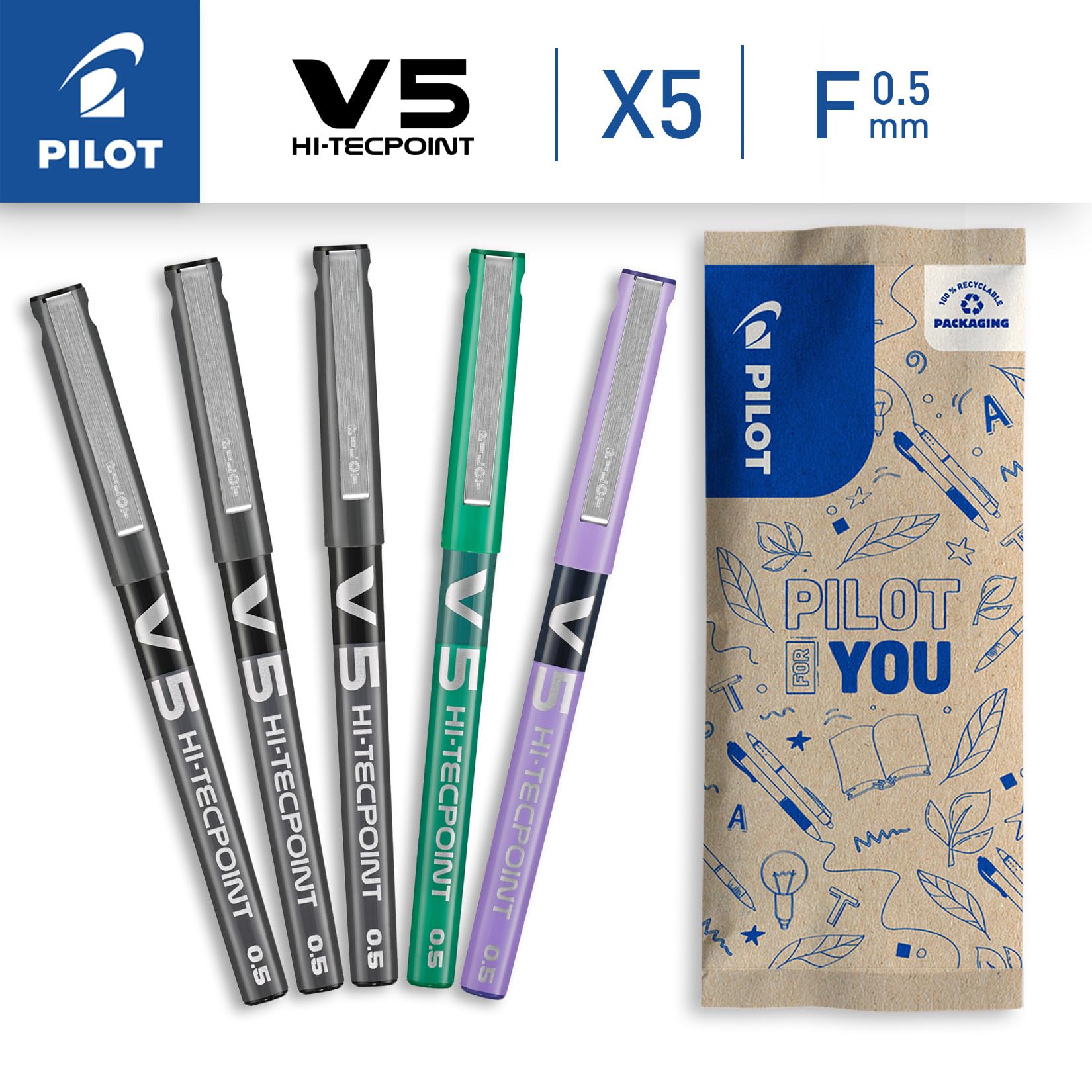 PILOT V5 Liquid Ink Rollerball Pen Set - Smooth Skip-Free Writing | 0.5mm Fine Tip | Black, Green, Purple