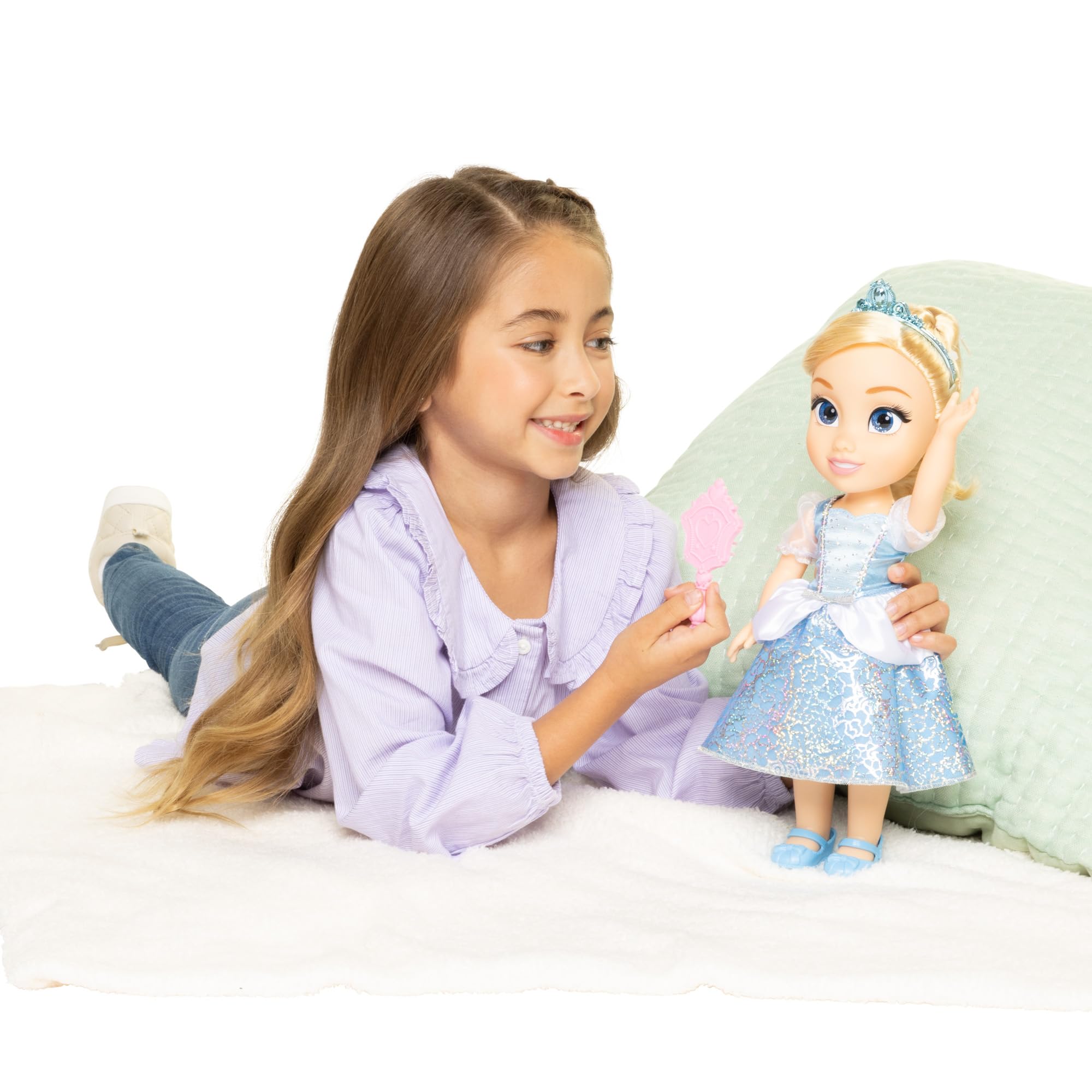 Disney Princess Cinderella Doll, 14” / 35cm Tall Doll with Royal Reflection Eyes Includes Shimmery Platinum Holofoil Printed Removable Dress, Shoes, Tiara and Brush, Perfect for Girls Ages 3+ 5