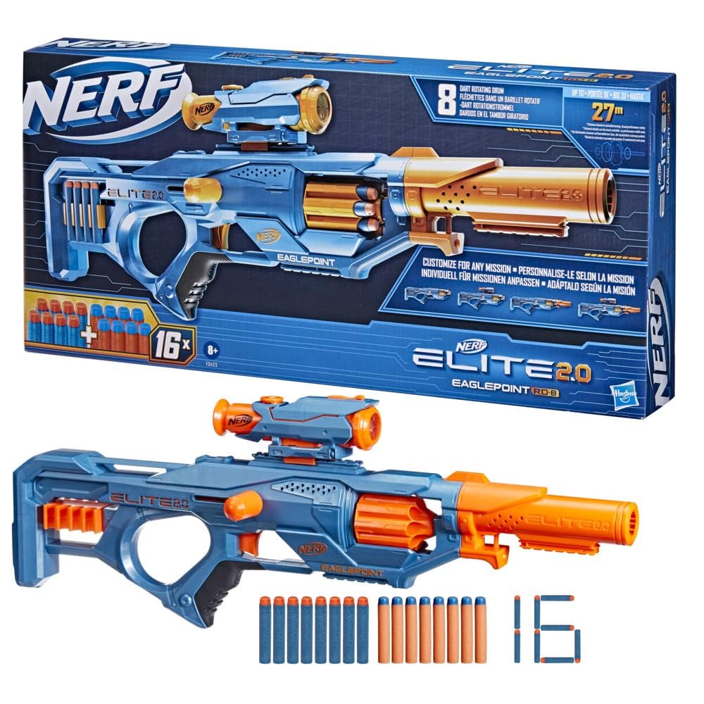 Nerf Elite 2.0 Eaglepoint RD-8 Blaster - 8-Dart Drum, Detachable Scope, 16 Darts, Bolt Action 9