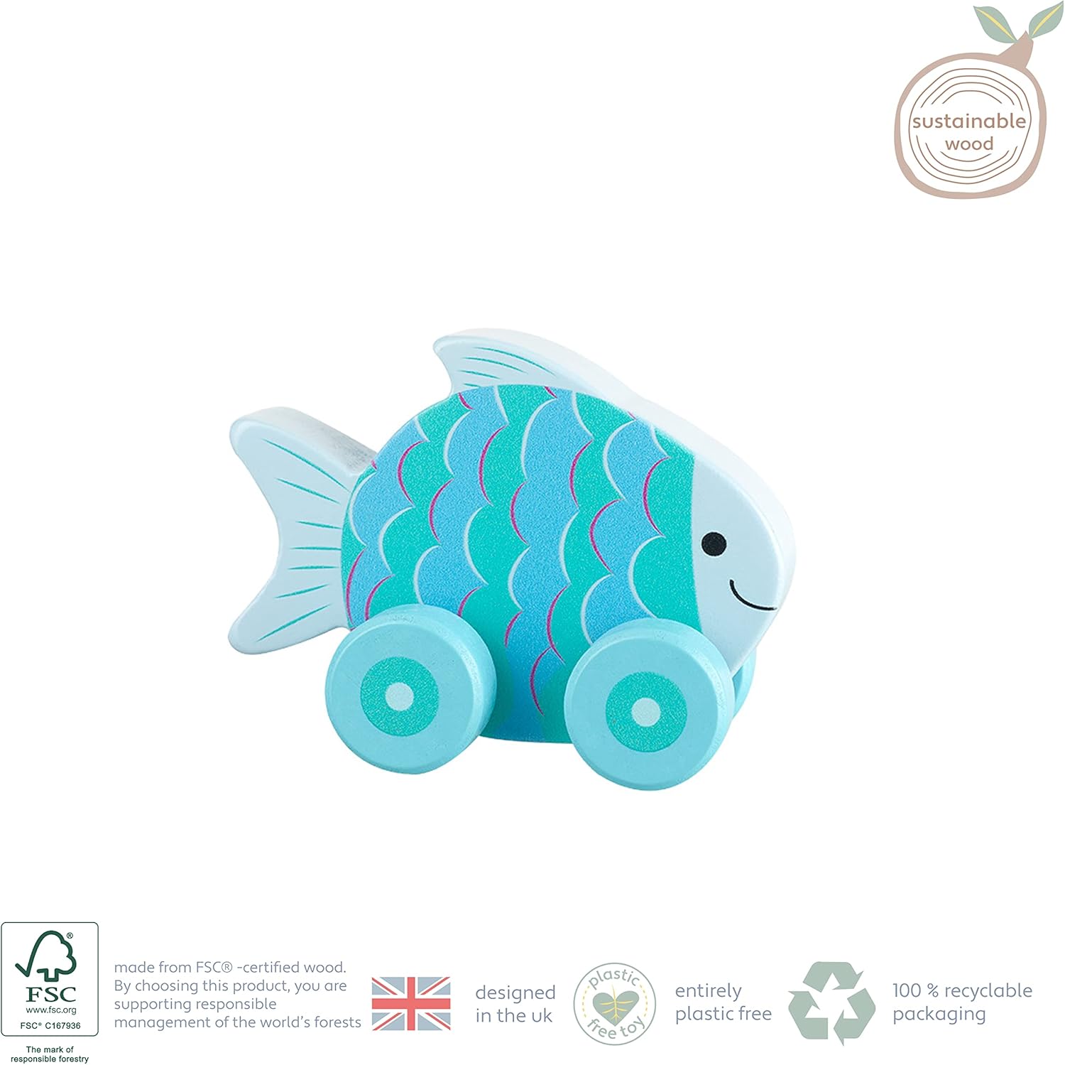 Orange Tree My First Wooden Toy Cars - Fish Push Toy Vehicle for 1 Year Old Toddlers 4