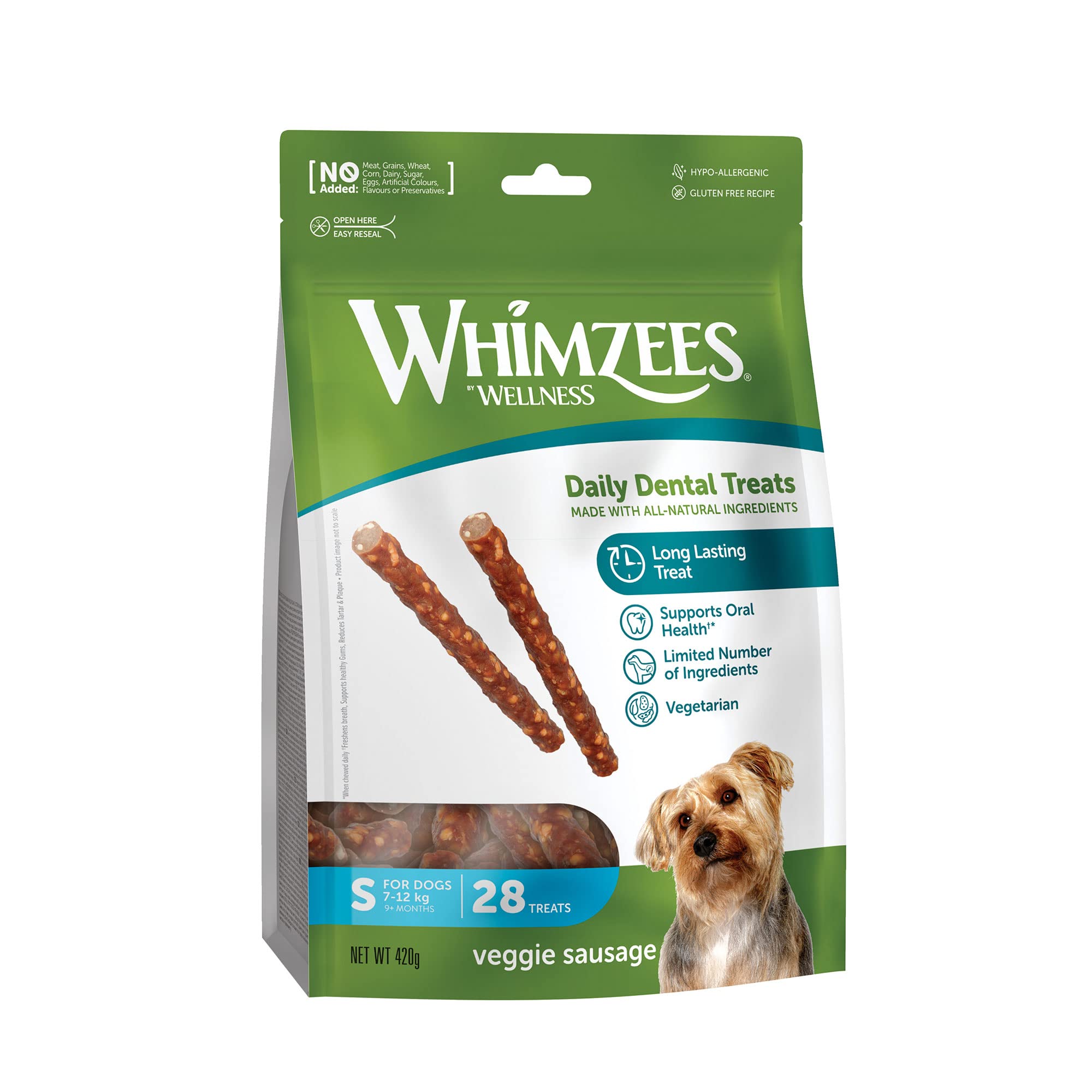 WHIMZEES Veggie Sausage S Dental Sticks for Small Dogs, Vegetable Flavor, 28 Count