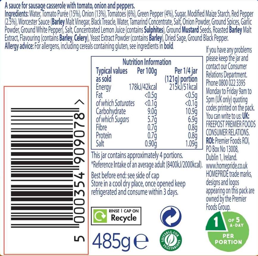 Homepride Wurstauflauf-Kochsauce zum Aufbacken im Ofen – arm an gesättigten Fettsäuren, vegetarisch, 485 g 4