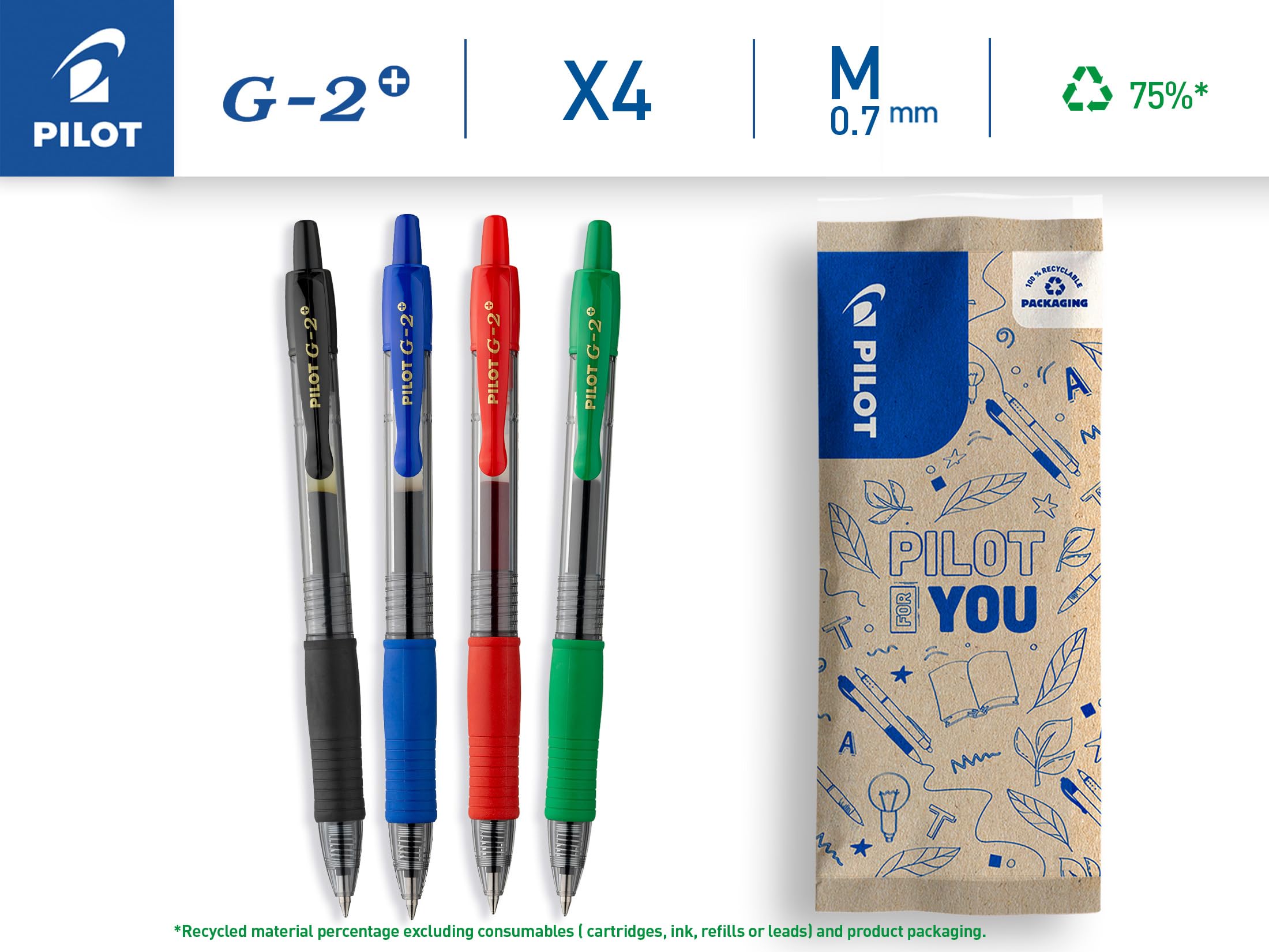 PILOT G2-07 Gel Ink Rollerball Pen - Medium 0.7mm Tip | Pack of 4 Assorted Colors | Refillable 2