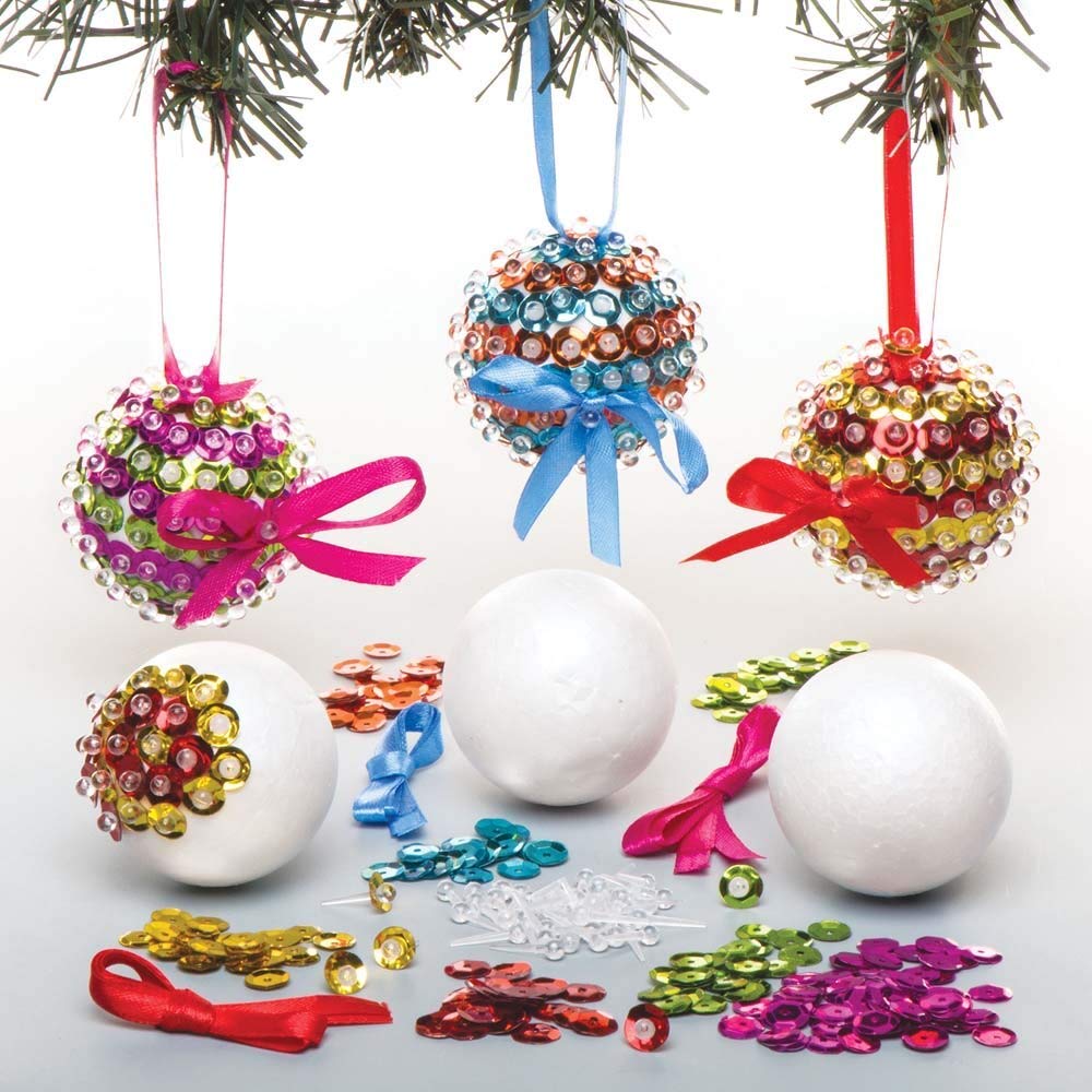 Baker Ross Sequin Bauble Craft Kit - Pack of 3, Christmas Tree Decorations for Kids Ages 5+