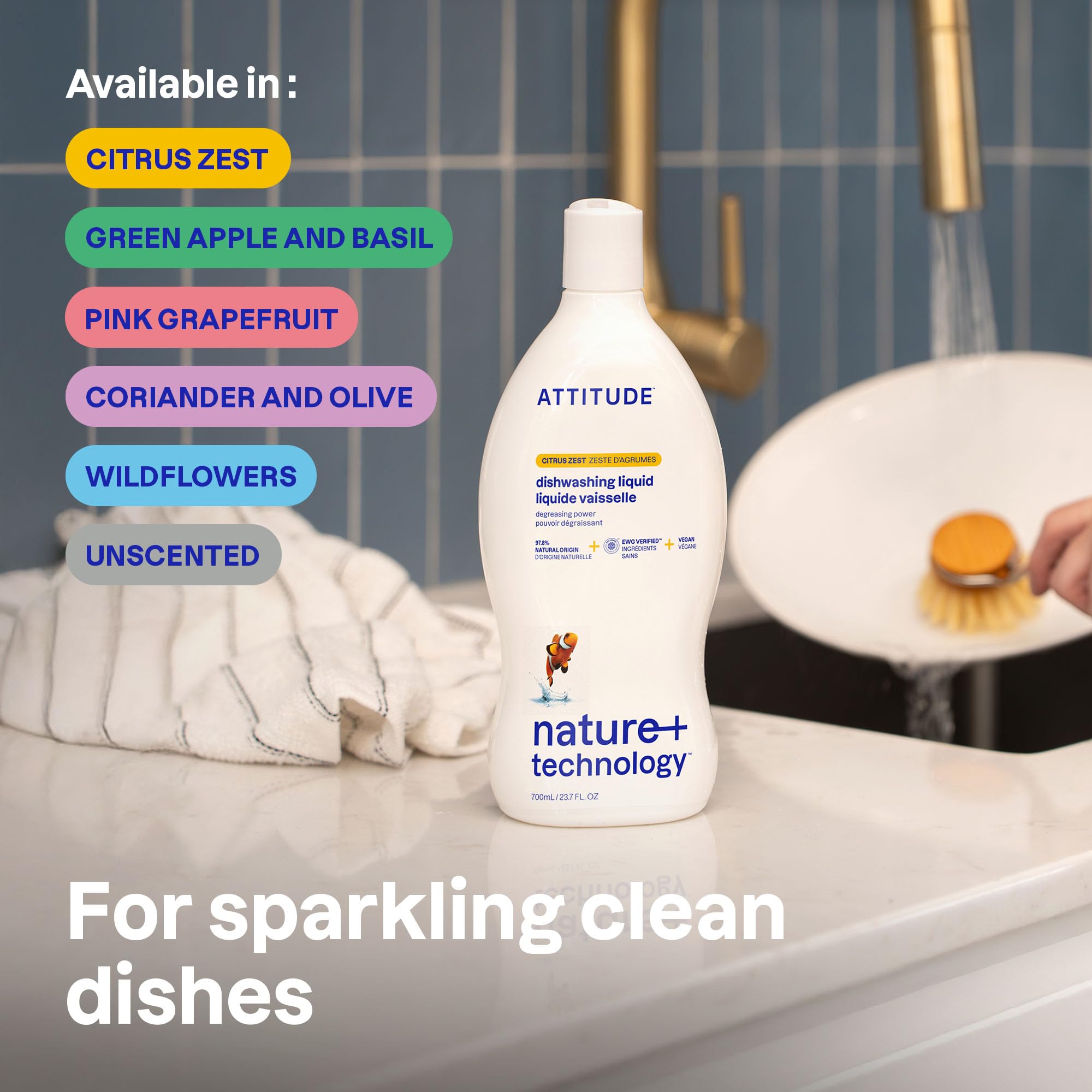 ATTITUDE EWG Verified Plant-Based Dish Soap - Wildflowers Scent | 700 ml | Biodegradable