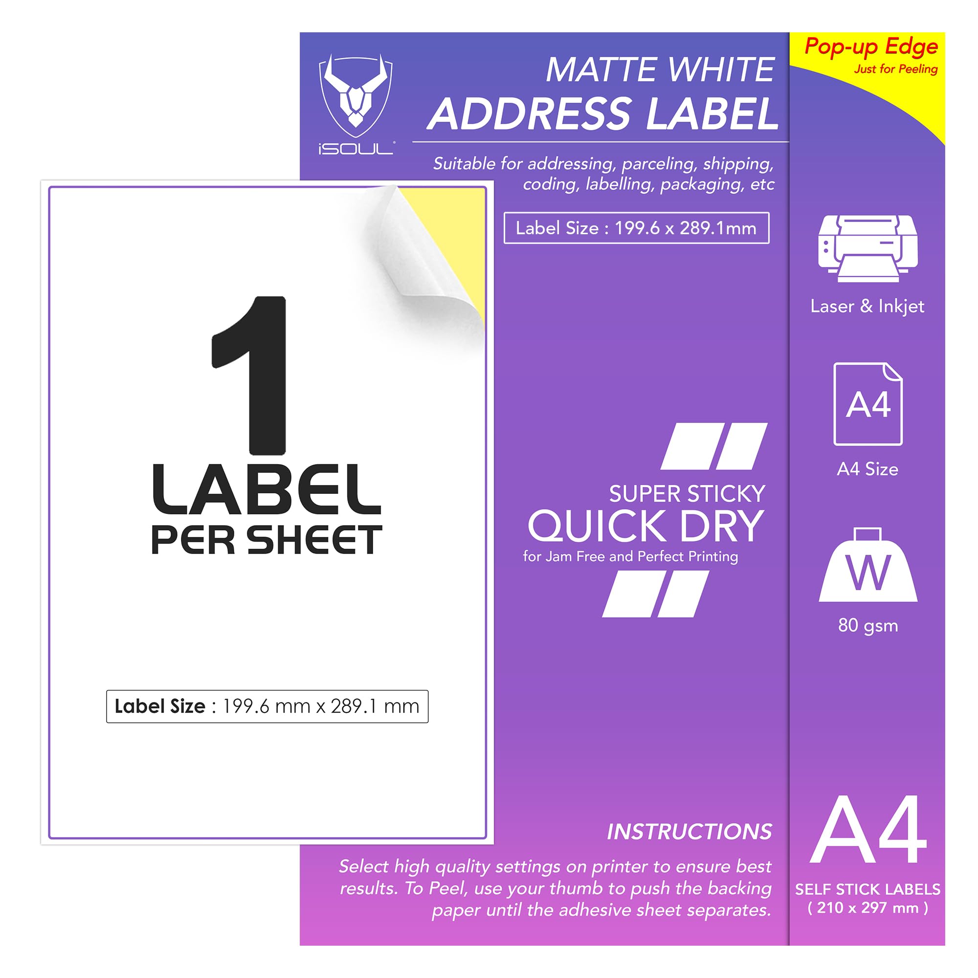 iSOUL Printable Printer Labels - 1 Label Per A4 Sheet, 50 Sheets Matte Self Adhesive Paper for Inkjet/Laser