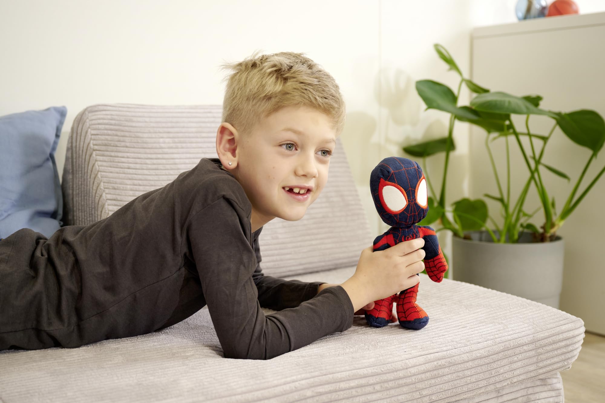 Disney 6315875812X12 25cm DAR Spiderverse Miles Morales Action Figure 25 cm Soft Toy with Glow in The Dark Eyes, One Size 6
