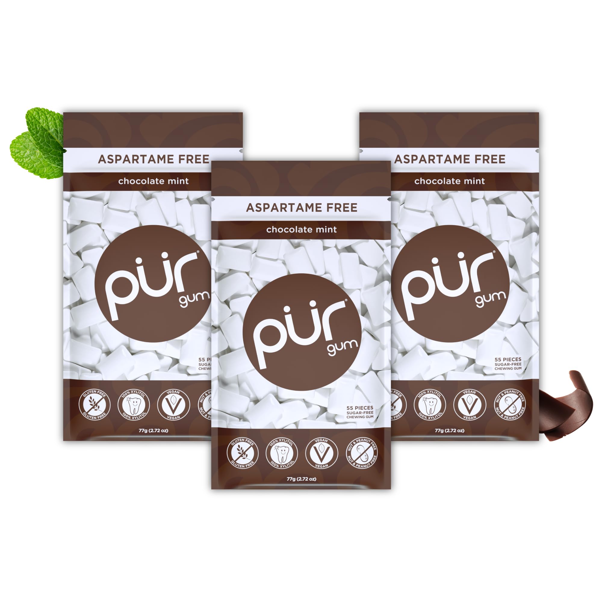 PUR - Natural Chocolate Mint Sugar-Free Chewing Gum (55 Pieces, Pack of 3)