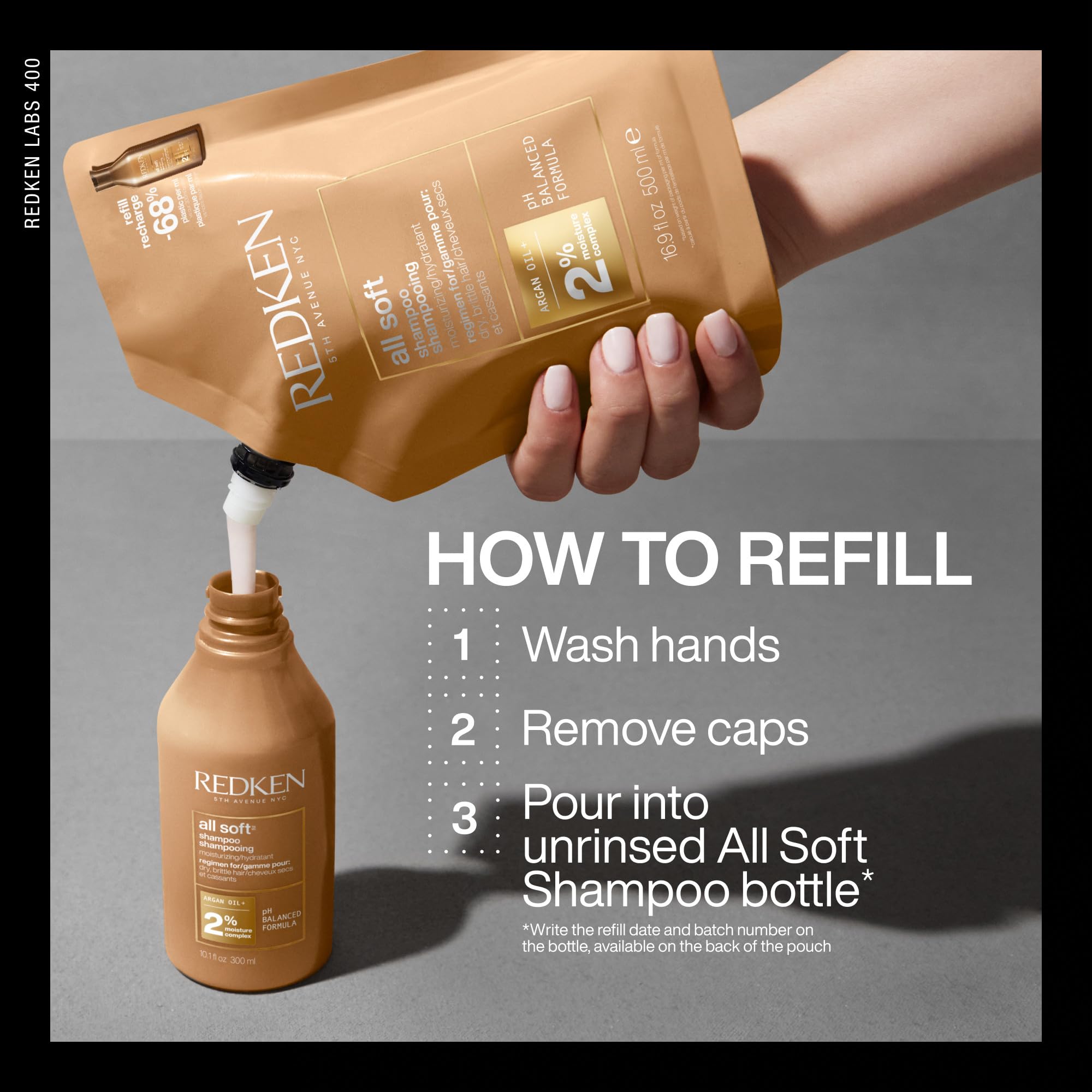 Redken All Soft Shampoo - Moisturizing Shampoo for Dry, Brittle Hair with Argan Oil, 500ml Refill Pouch