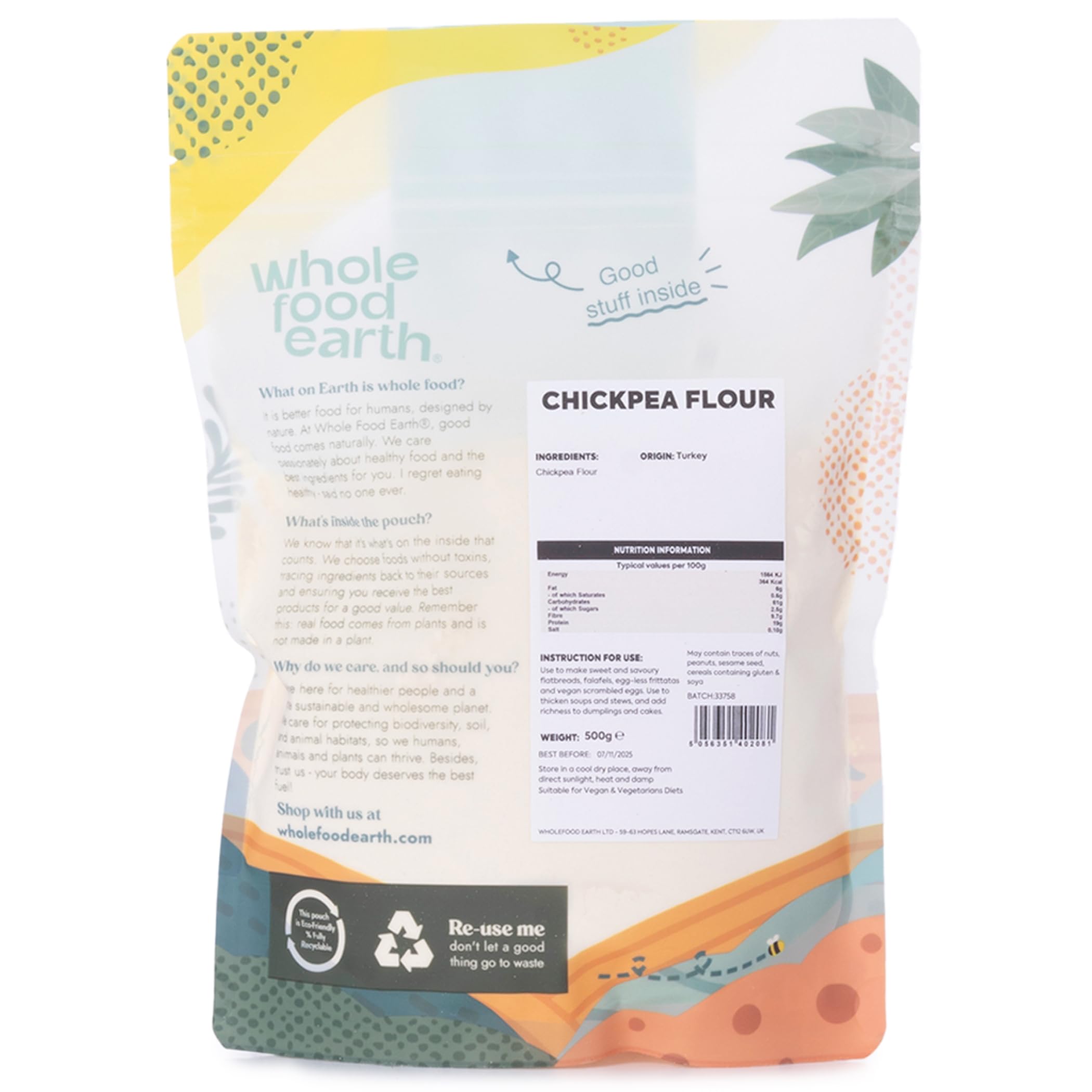 Wholefood Earth Kichererbsenmehl 500 g | Gentechnikfrei | Ballaststoffreich | Vegan | Recycelbare Verpackung 3