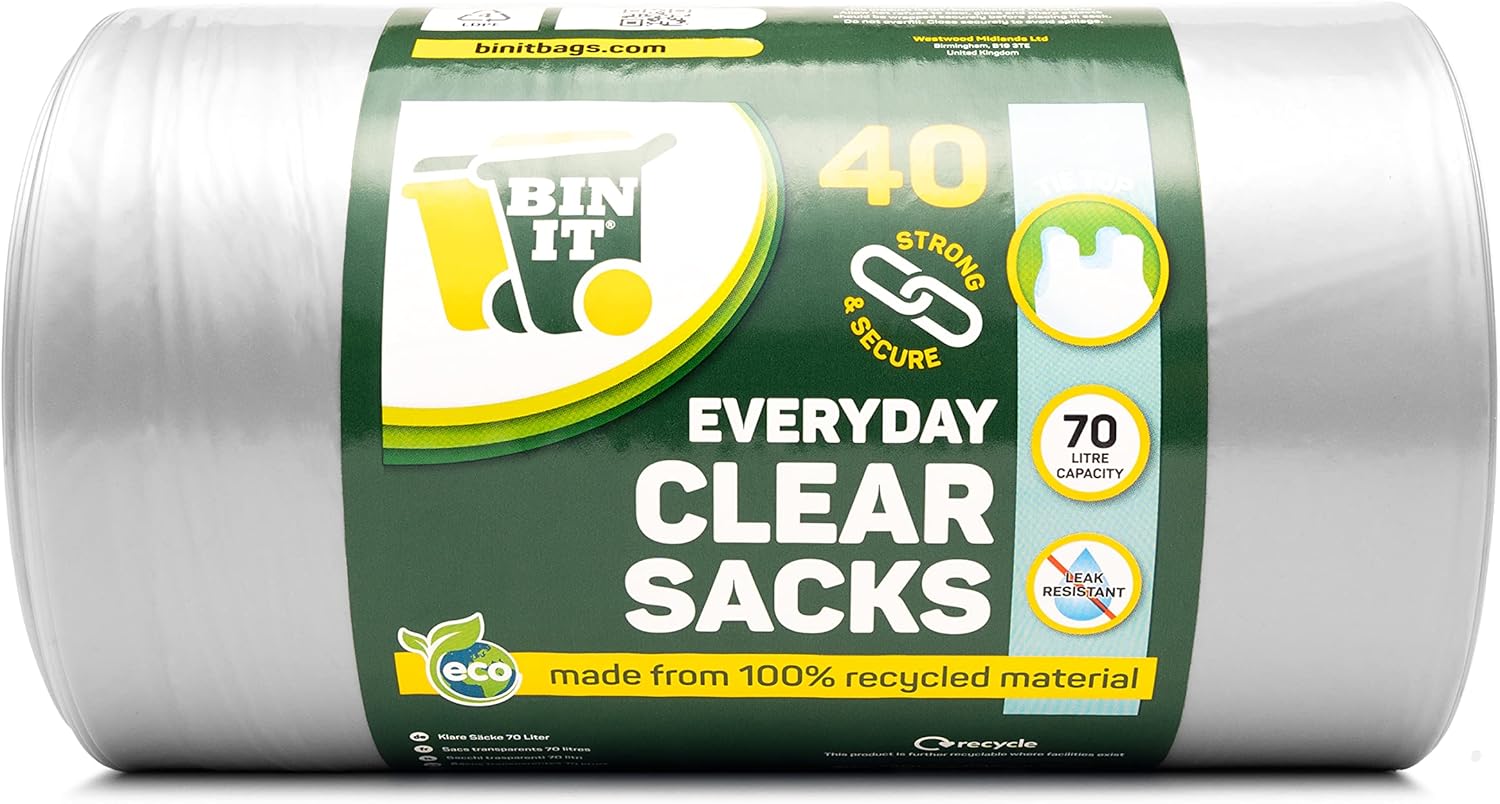 BIN IT Clear Large 70L Strong & Secure Tie Top Recycling Sacks - 100% Recycled LDPE 4