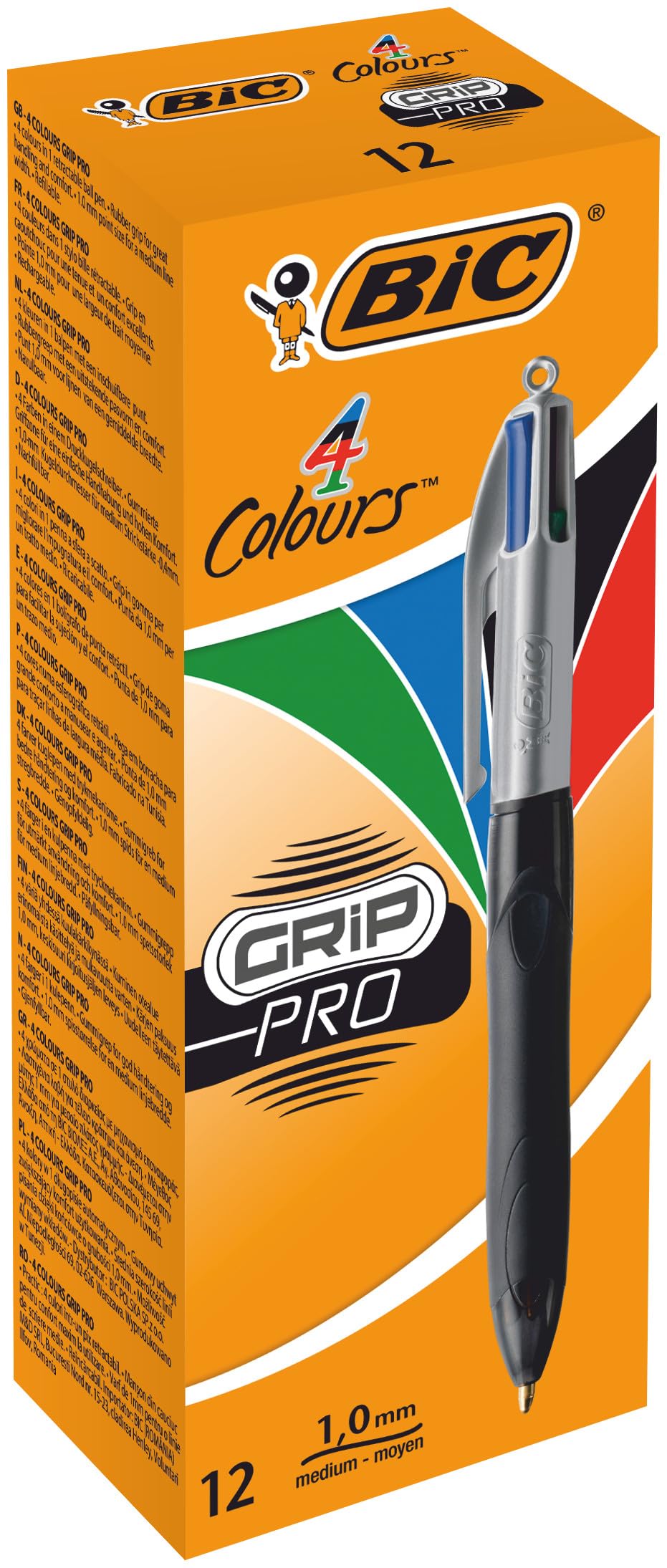BIC 4 Colours Grip Pro Retractable Ballpoint Pens - Box of 12 - Medium 1.0mm Point - Blue, Black, Red, Green