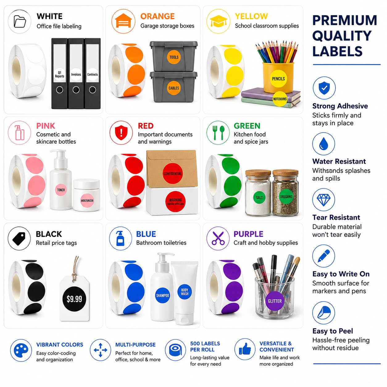 Muexoee Colour-coding Labels - 4500 Pack 25mm Round Sticky Dots | 9 Assorted Rolls 4