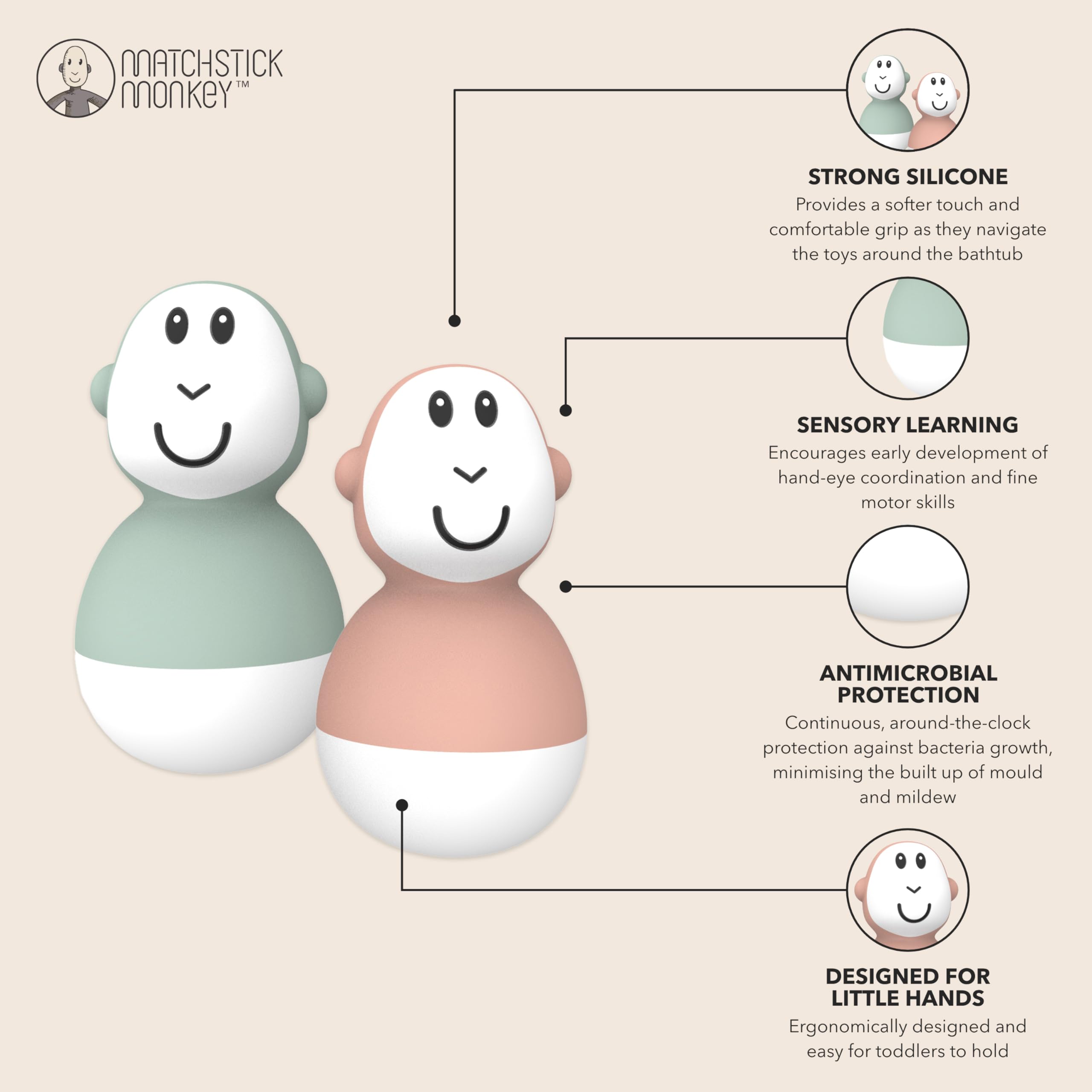 Matchstick Monkey Bathtime Wobblers - Antimicrobial Baby Bath Toy Set for 12+ Months 5
