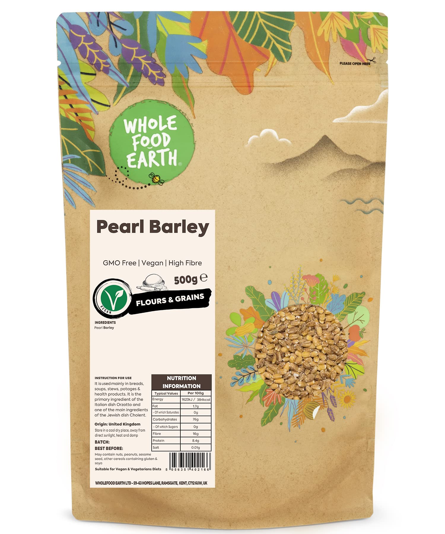 Wholefood Earth Pearl Barley 500g | GMO-Free | High Fibre | Vegan | Recyclable Packaging