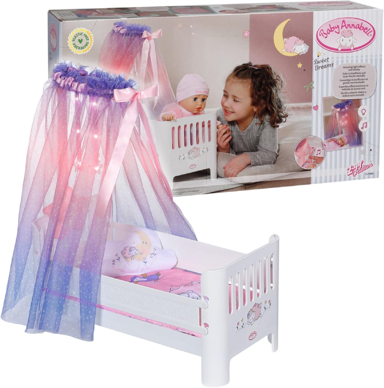 Baby Annabell Sweet Dreams Bed - Light-Up Canopy with Lullaby & Bedding Set