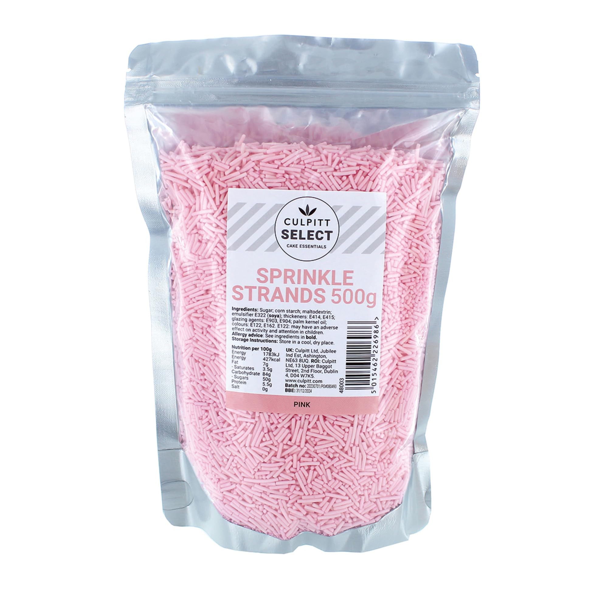 Culpitt Select Pink Sugar Strands Sprinkles - 500g Resealable Pouch | Edible Cake Decoration