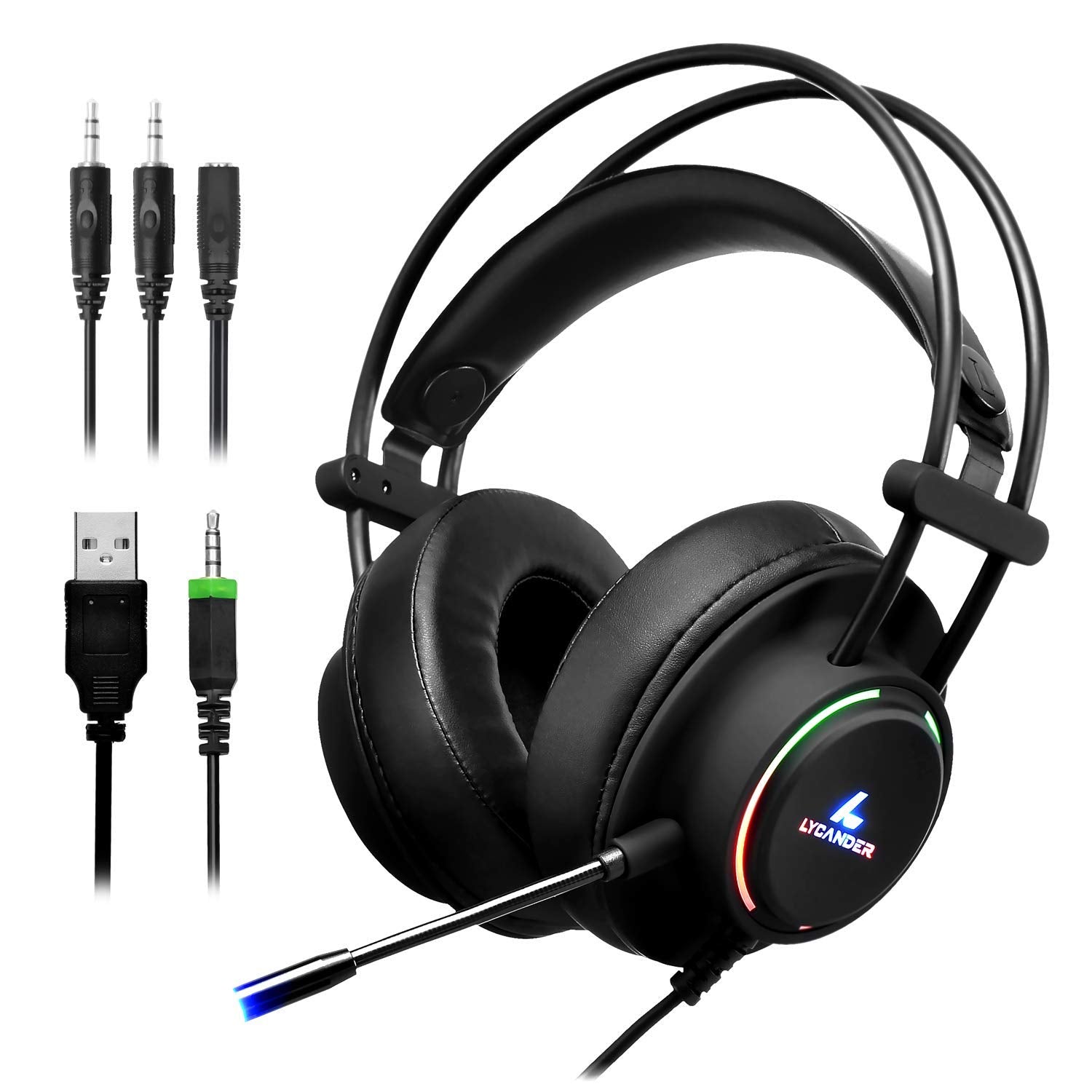 LYCANDER LGH-569 Gaming Headset with Microphone, 50mm Drivers, LED Light, 3.5mm for PC, PS, Xbox, Switch