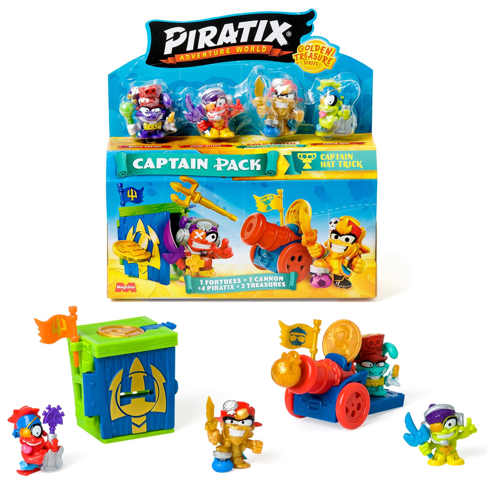 PIRATIX Golden Treasure Series – Captain Pack Hat Trick - 4 Collectible Figures with Fortress, Cannon & Exclusive Treasures
