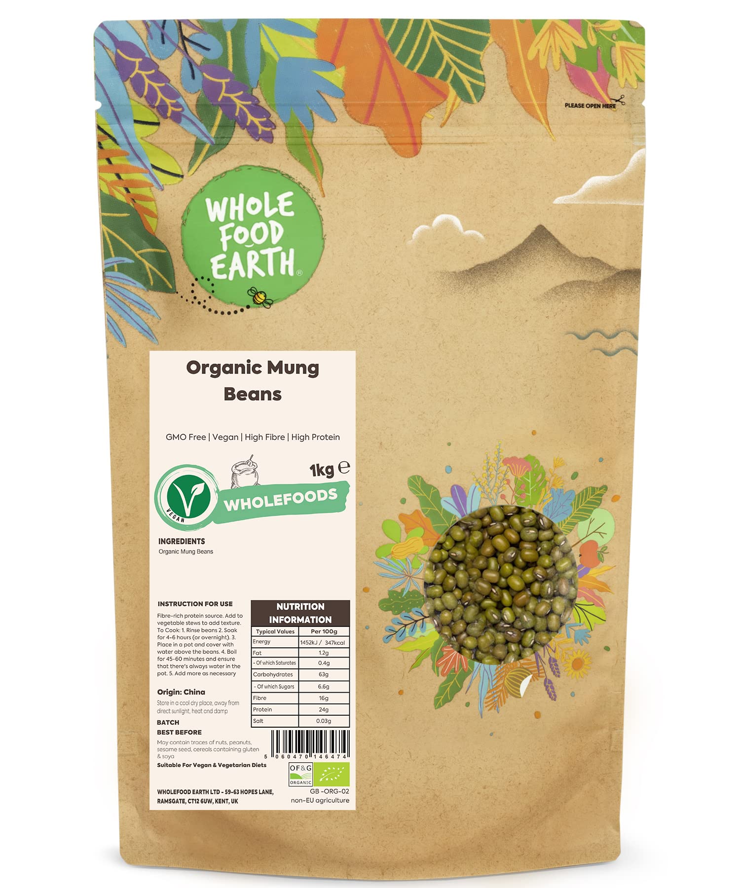 Wholefood Earth Organic Mung Beans 1kg | GMO Free | High Protein | High Fibre | Certified Organic