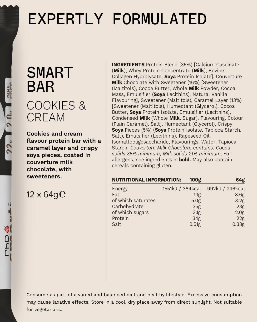 PhD Nutrition Smart Protein Bar, kalorienarm, proteinreich, zuckerarm, Cookies and Cream, 12 x 64 g 11