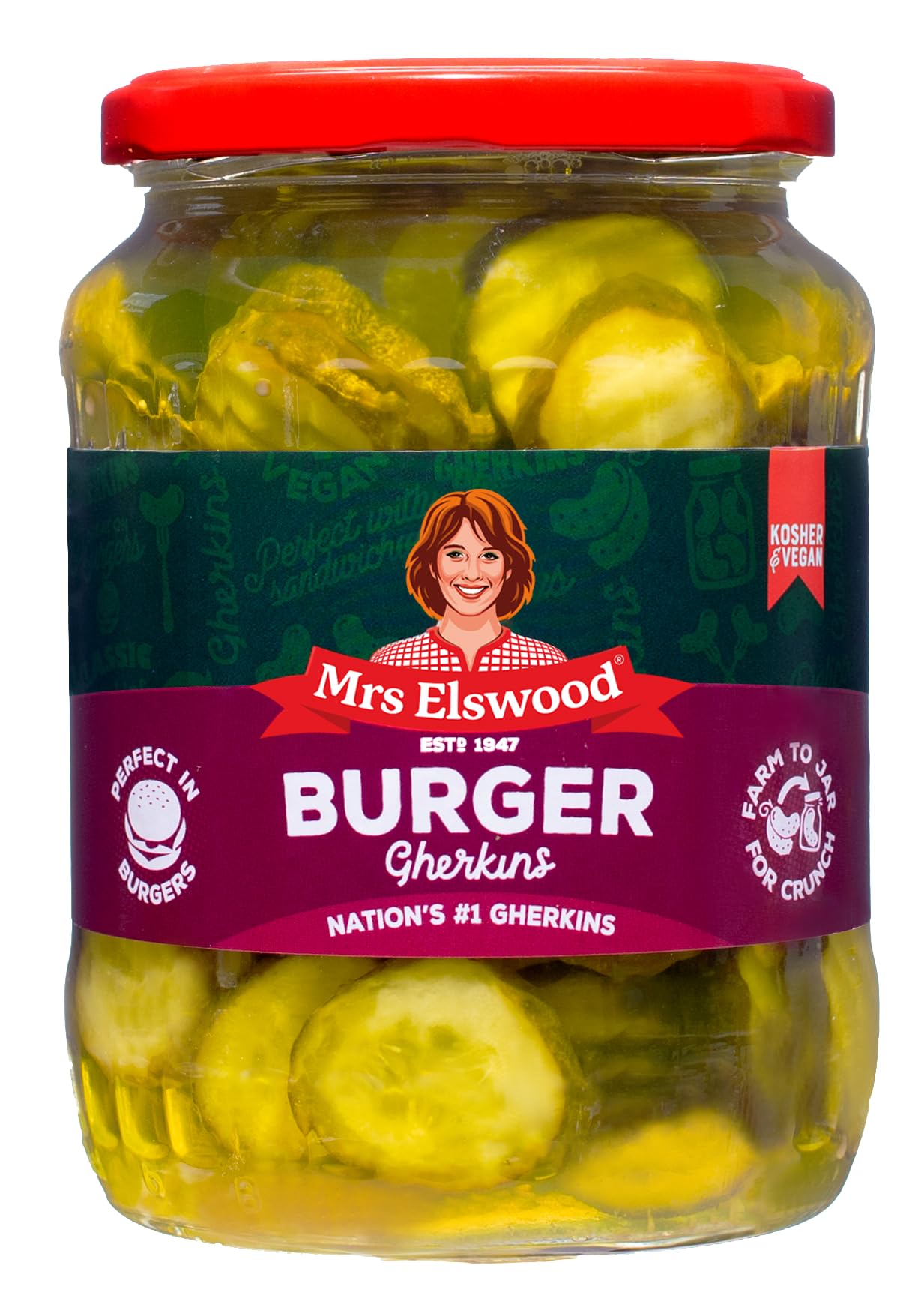 Mrs Elswood Burger Gherkins - Pickled Cucumbers in Sweet & Tangy Brine, 670g Jar