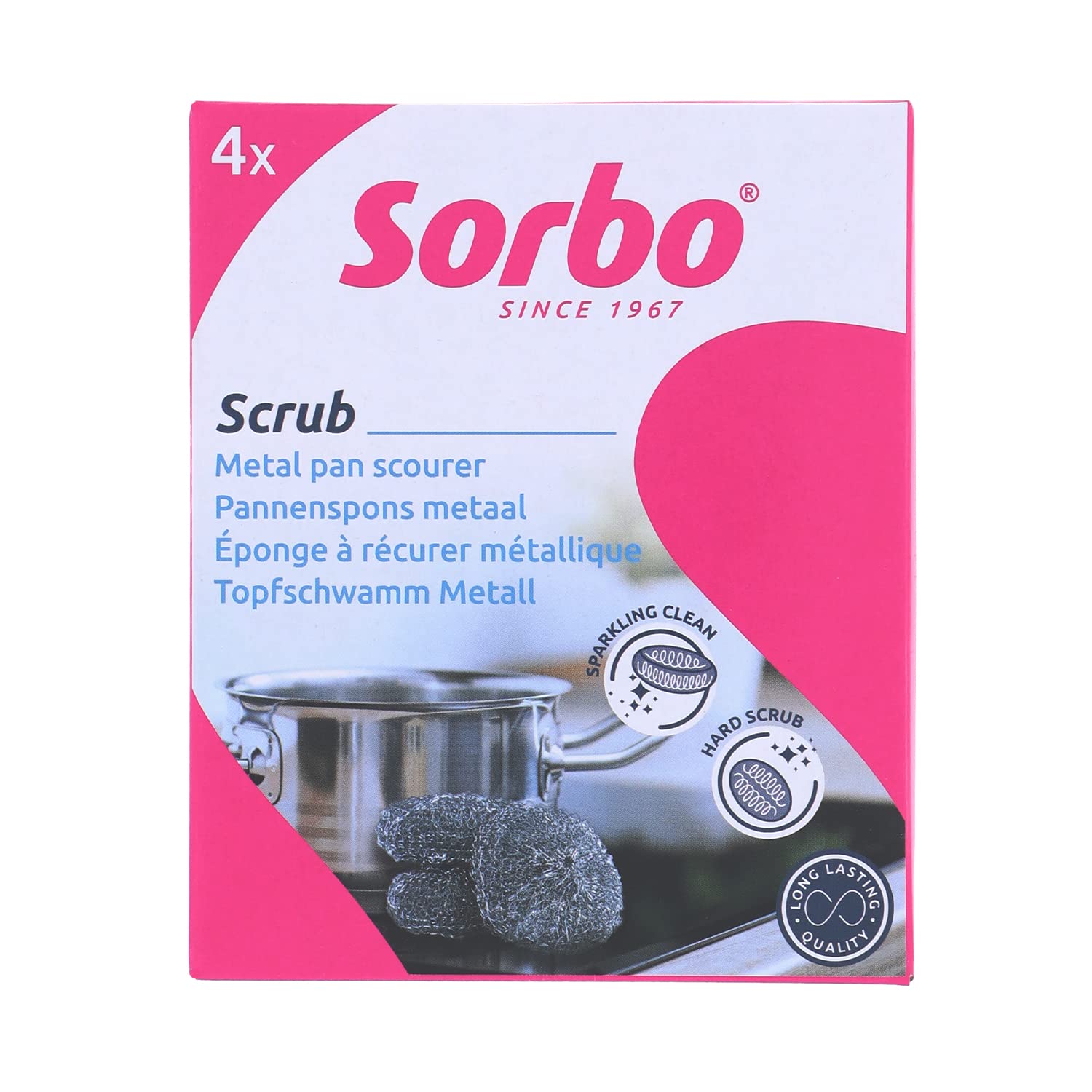 Sorbo Metal Pan Scourers 4 Pack - Metallic Steel Wool Pads for Tough Grease & Heavy-Duty Cleaning