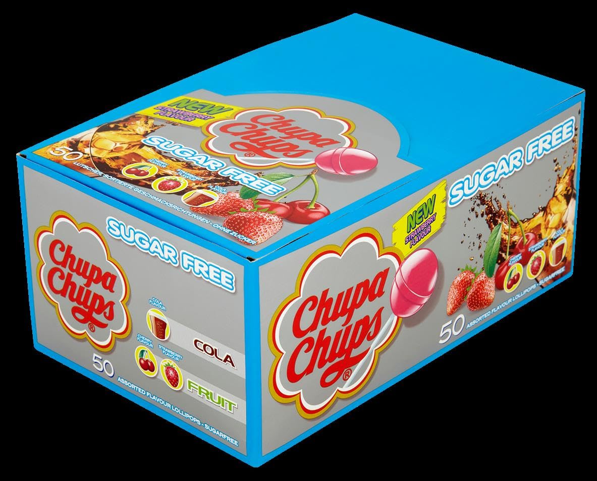 Chupa Chups Sugar-Free Lollipops Assorted Flavors - Cherry, Cola & Strawberry, 50 Count Display Box 3