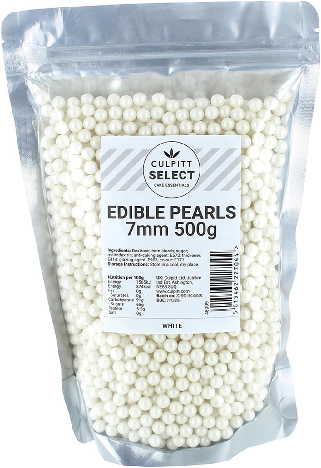 Culpitt Select Edible Pearls - White 7mm Cake Sprinkle Decorations, 500g