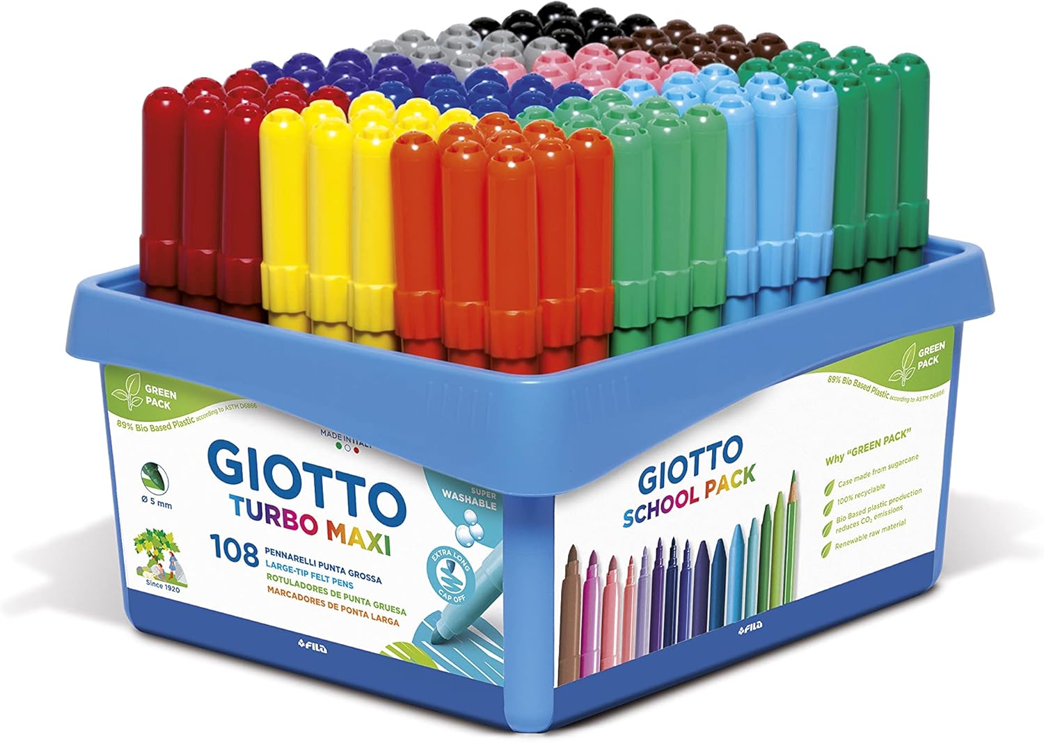 GIOTTO Turbo Maxi Super Washable Felt Tip Pens - 108pc Assorted Colours, 5mm Tip, Age 3+