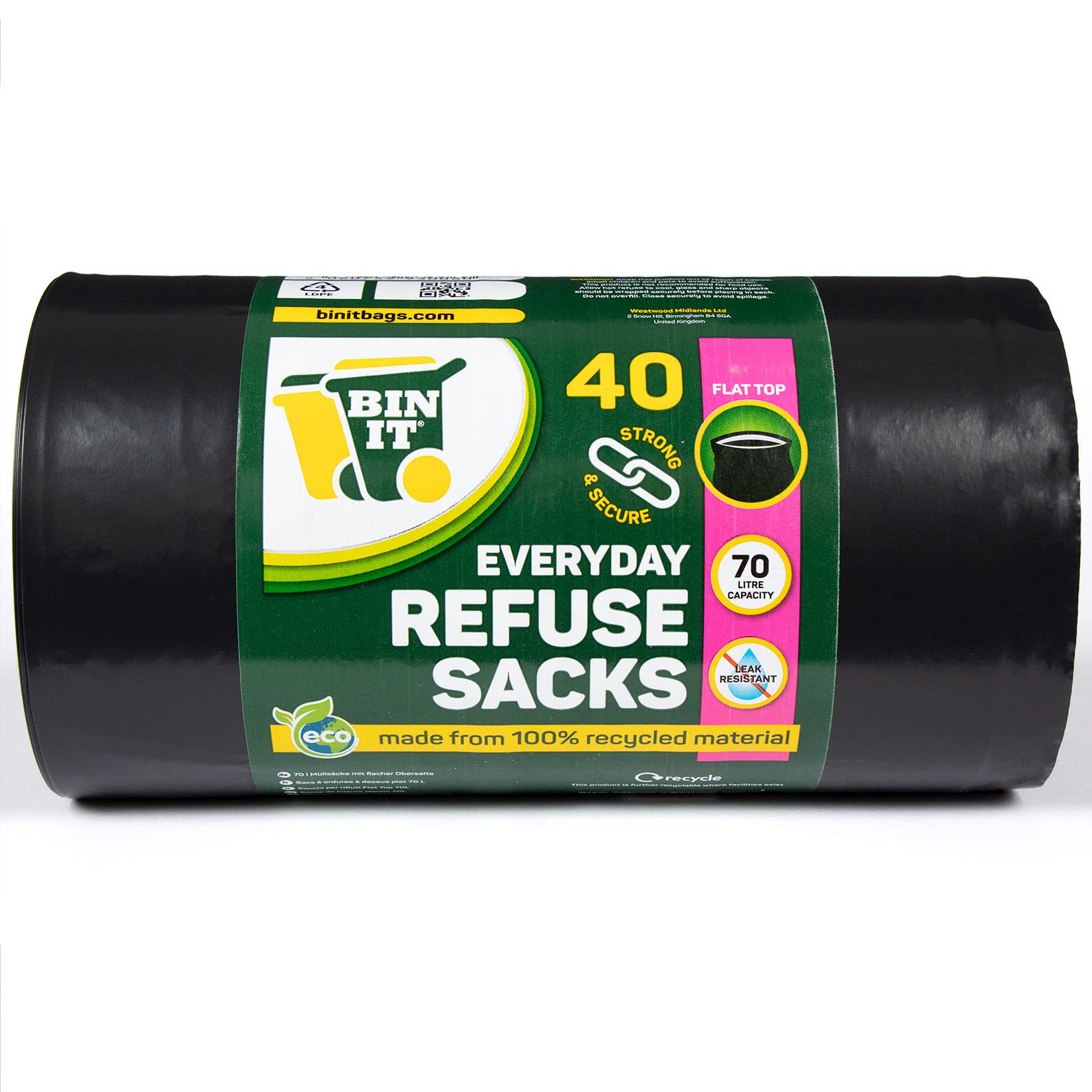 BIN IT 40 Everyday 70L Strong & Secure Bin Liners, 100% Recycled LDPE, 30 μm, Flat Top, Tear Resistant, Leak Resistant, Made in Britain 5