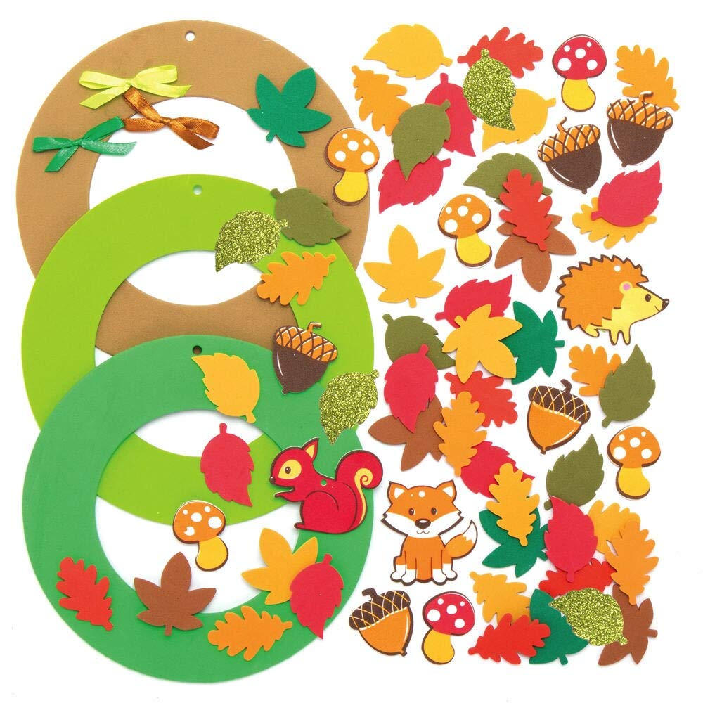 Baker Ross Autumn Wreath Craft Kit - Pack of 3 Foam Wreath Templates with Glitter Stickers and Ribbon 4